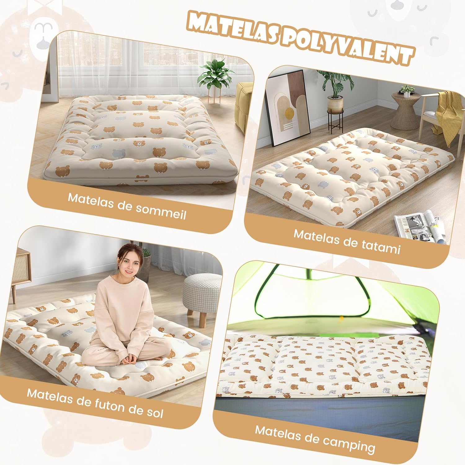 Matelas Futon Japonais 2 Personnes 140x200CM, Lit de Couchage Enroulable de Sol Pliable et Portable avec Sac de Transport pour Camping, Voyages, Ours - 3