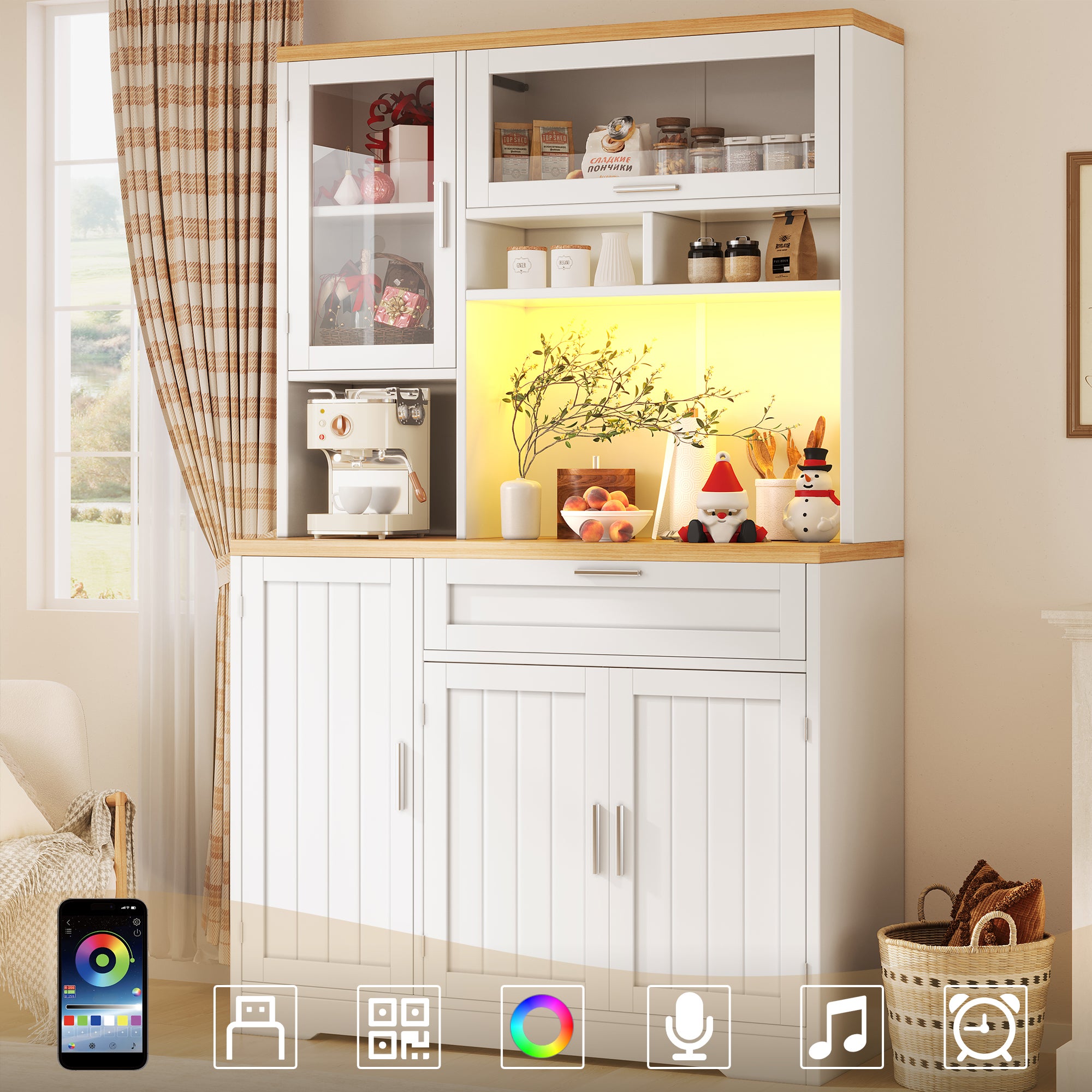 Buffet haut vaisselier de cuisine 104x40x180cm avec éclairage LED intégré, vitrine de rangement moderne pour salon, grande capacité, Blanc - 6