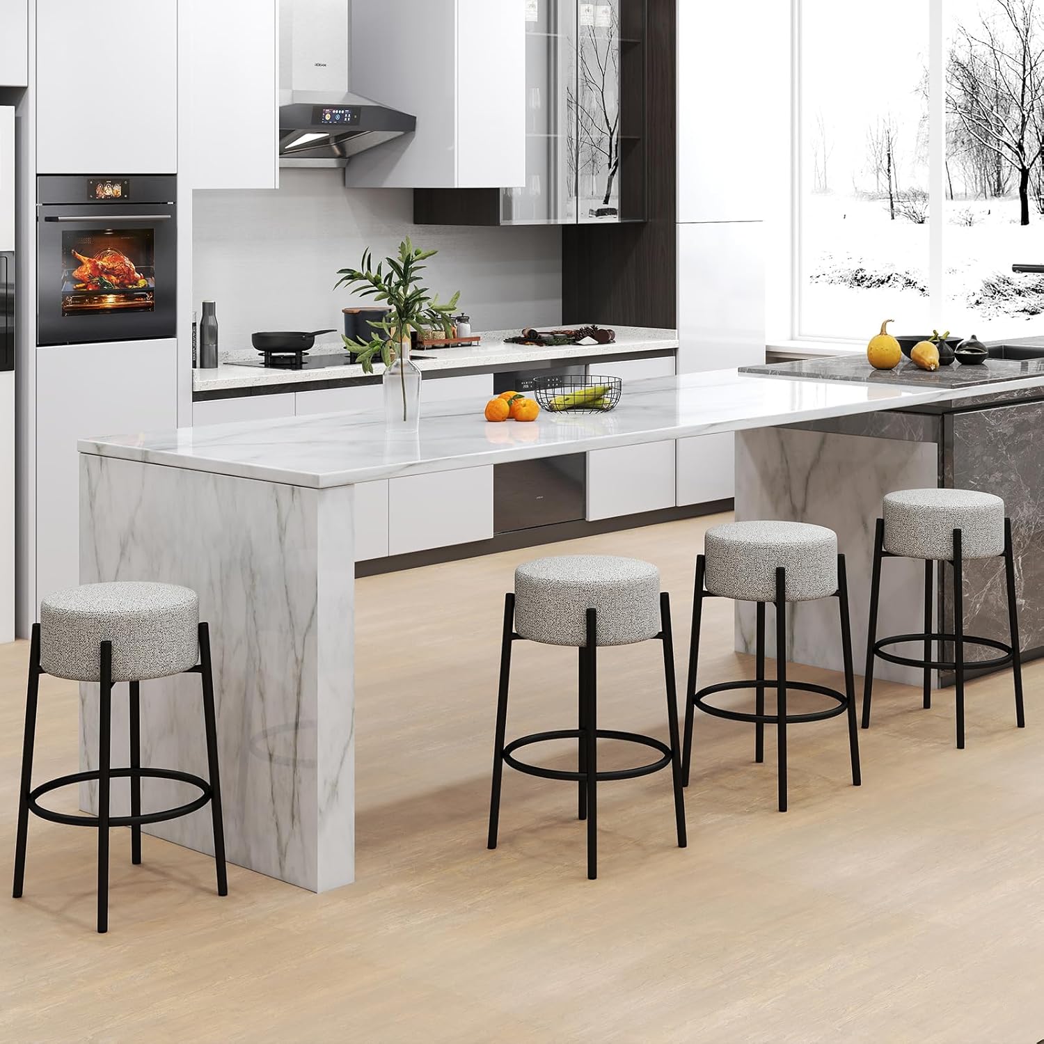 Banco de bar, cadeira de bar, assento redondo estofado, tecido de linho, apoio para os pés, banco para cozinha, sala de jantar, café, cinza - 7