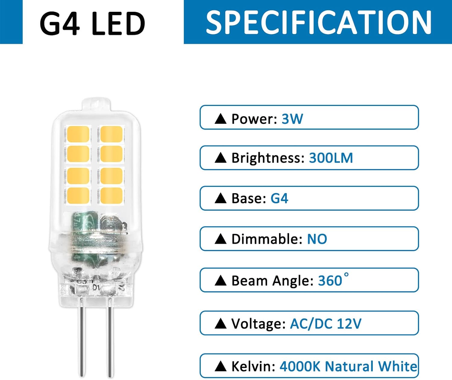 Ampoule LED G4 12V 3W, SMD 300LM Blanc Neutre 6000K, Ampoule G4 LED pour Lustre, Lumière d'armoire, Chambre, Éclairage Paysager, Lot de 6 - 2