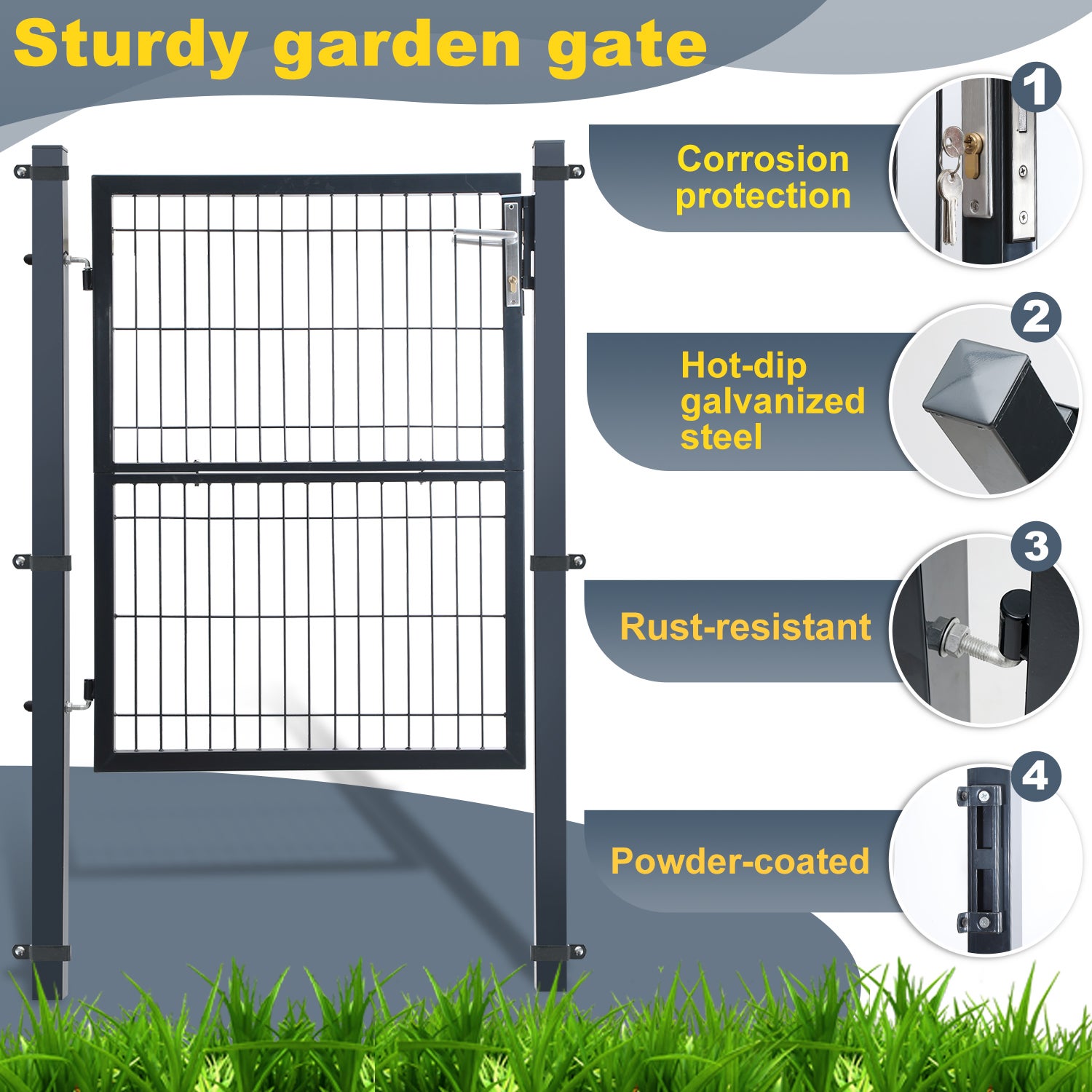 Portillon de Jardin Portillon en acier galvanisé, Portail de clôture, Porte de jardin, robuste et durable, avec serrure 120 x 100cm, Gris - 5
