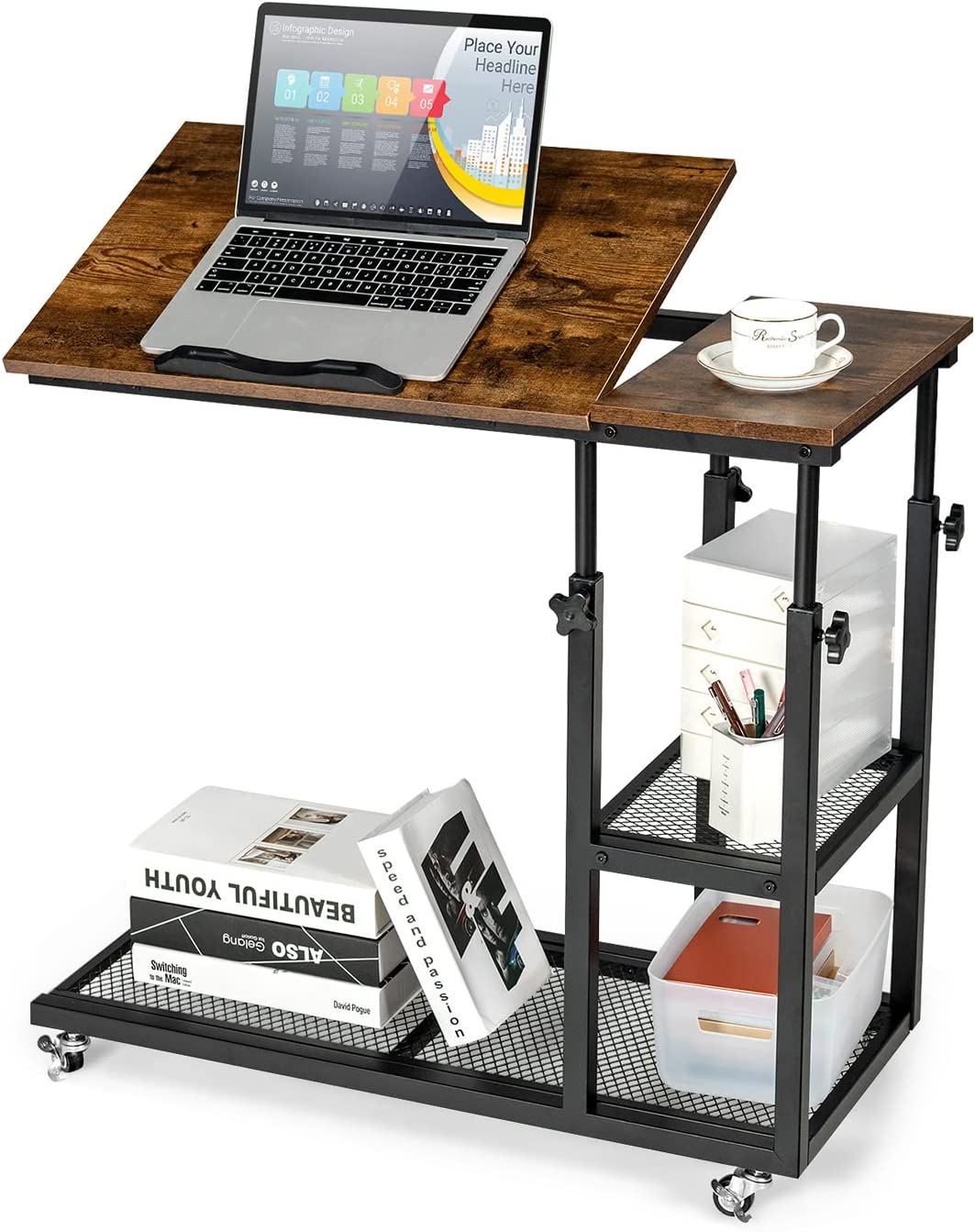 Stolik pod laptopa z regulacją wysokości i nachylenia, 3 poziomy, w kształcie litery C, do salonu i sypialni, na kółkach, 80 x 40 x 95 cm, brązowy