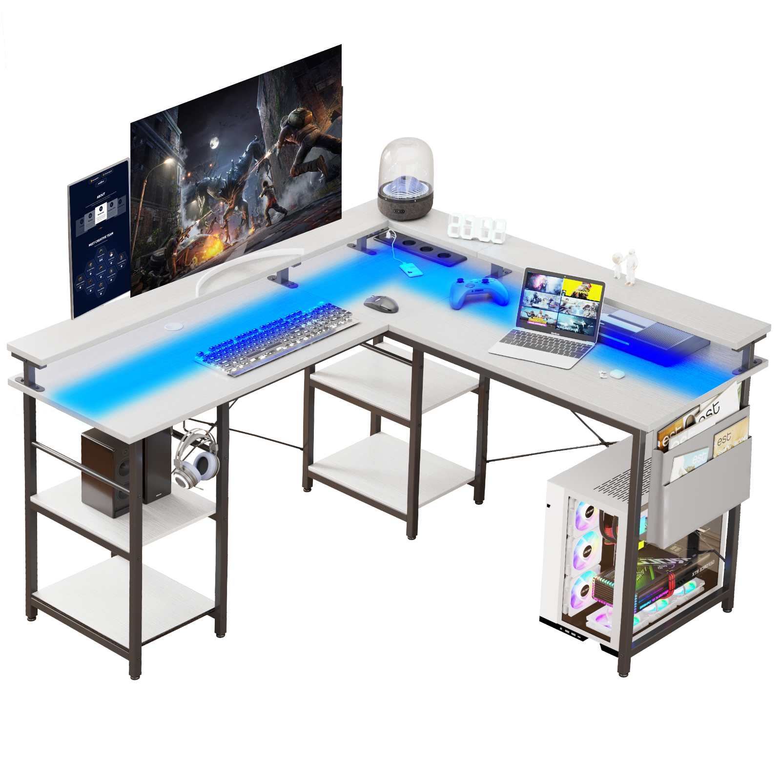 Bureau Gaming en Forme L-120x120x75CM-Bureau d'angle avec Étagères-Avec Support de Moniteur-2 USB+LED-3 Prises-2 Tiroirs-Noir - Maison Bureau Gaming en Forme L-120x120x75CM-Bureau d'angle avec Étagères-Avec Support de Moniteur-2 USB+LED-3 Prises-2 Tiroirs-Noir - Maison