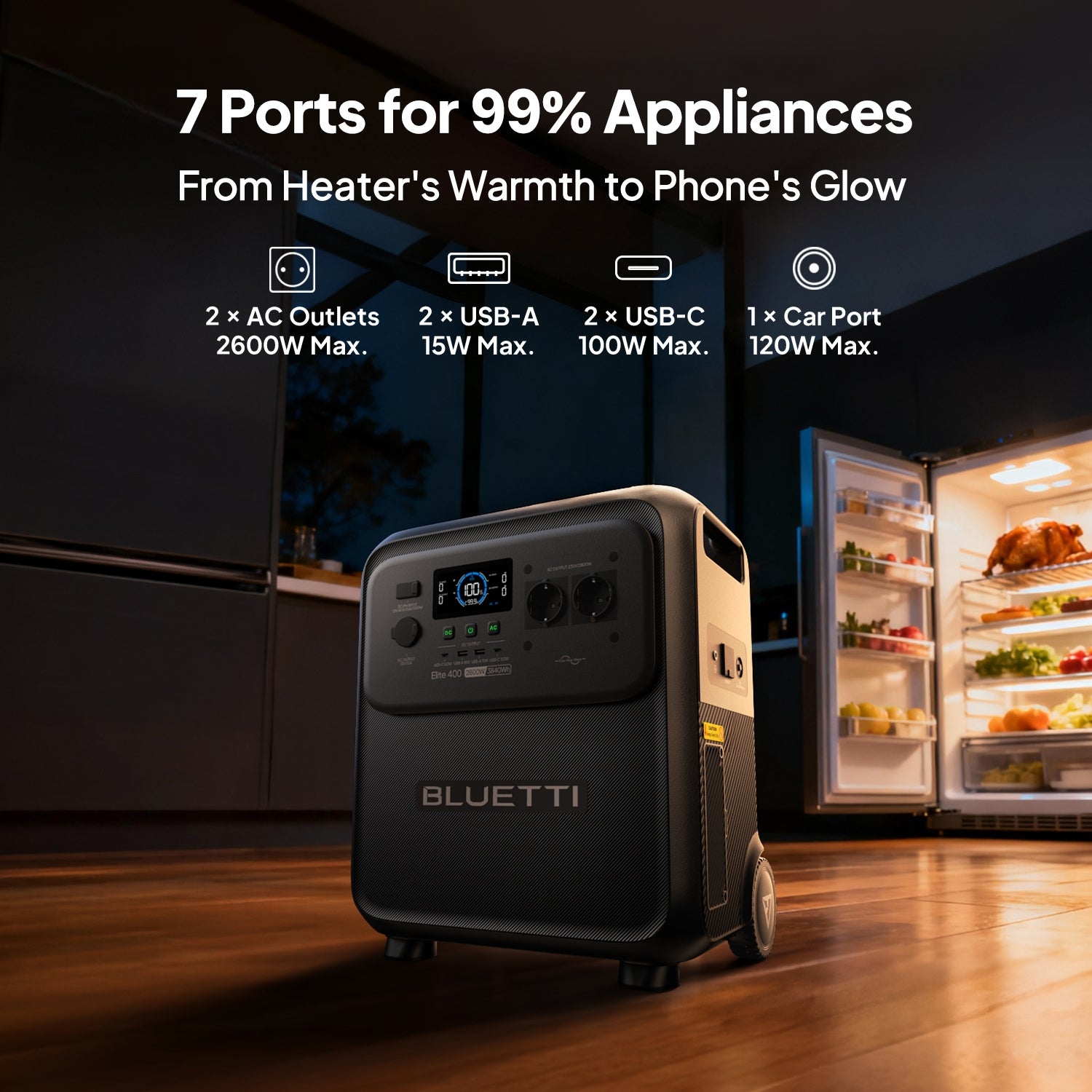 BLUETTI Elite 400 Générateur Électrique Portable Avec Charger 1, 3840Wh 2600W, DC-DC 560W, Recharge Voiture 7,5H, Batterie LFP, Secours Domestique - 4