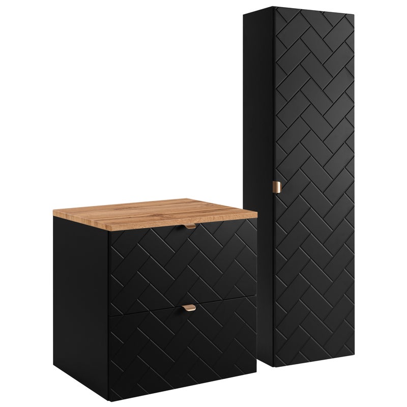 Szafka łazienkowa MADIS 60 cm czarny z blatem dąb wotan i słupkiem ryflowany front