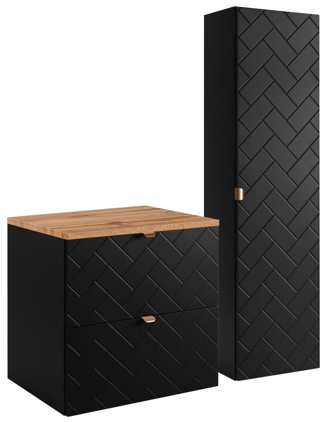 Ensemble un meuble sous vasque 60 cm avec le plan CHÊNE et une colonne 35/136 cm à suspendre MADIS NOIR