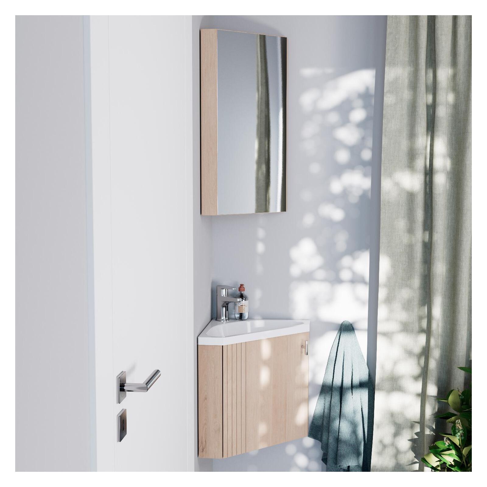 Ensemble meuble lave-mains d'angle décor chêne KODA + armoire miroir - 6