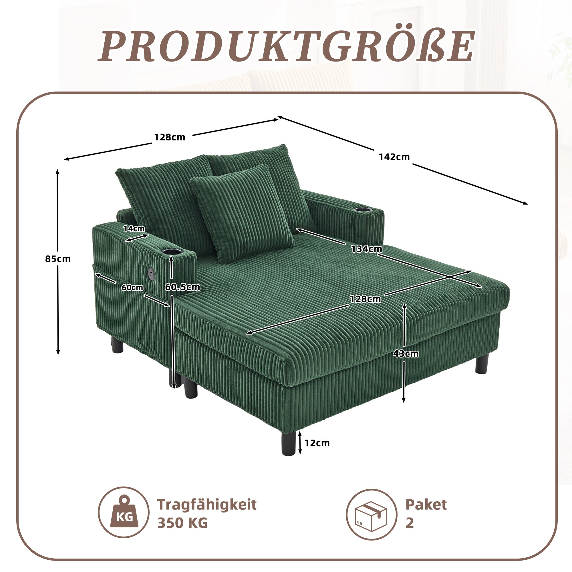 Fauteuil-longue avec porteboissons latéraux, prises USB, LED, en velours, couleur émeraude - 4