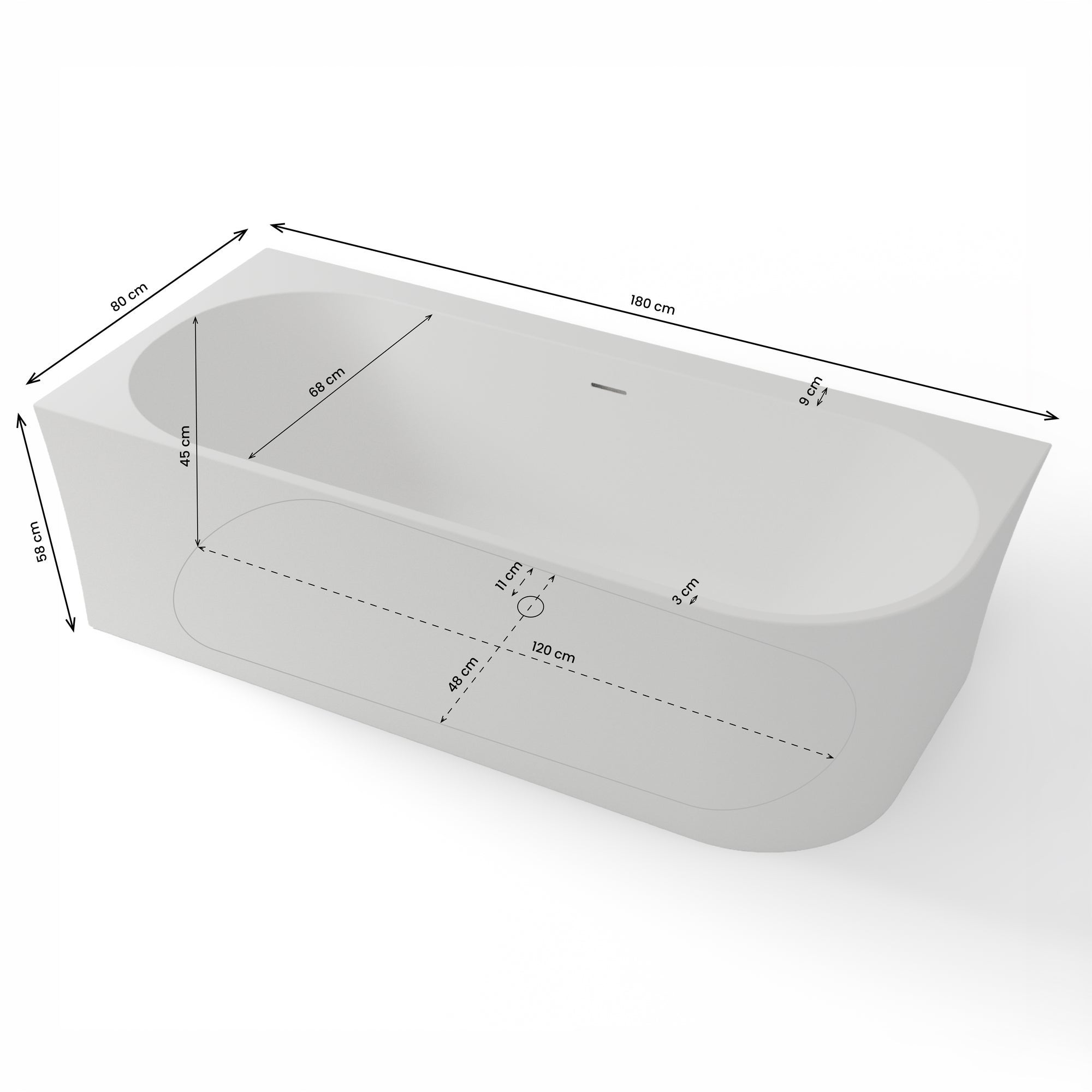 Baignoire Ilot Cosmic 180 gauche blanche 180 x80 x58 cm, by SPALINA - 4