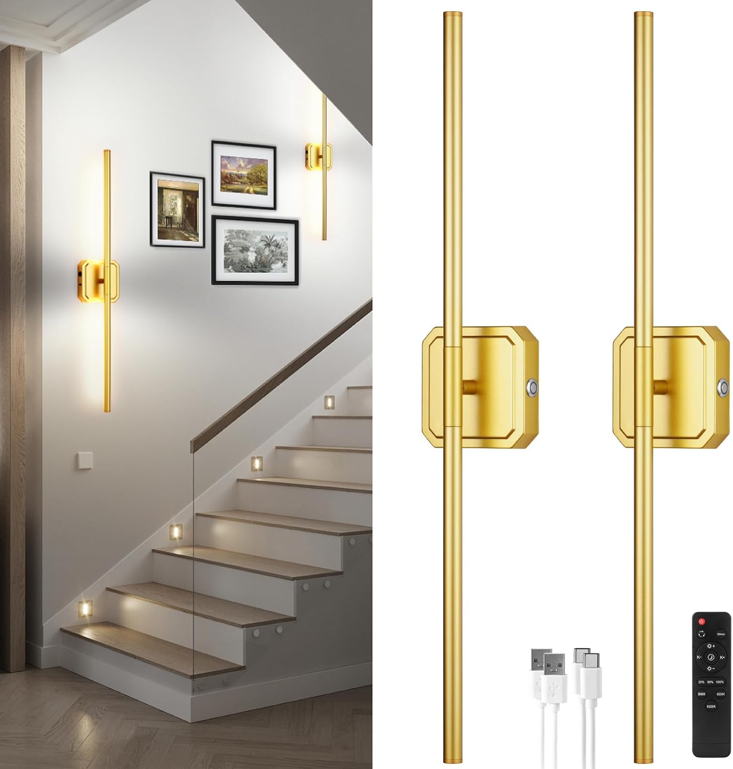 Zestaw nowoczesnych lamp ściennych zasilanych bateriami (2 sztuki), lampa ścienna z akumulatorem 10000mAh, z pilotem, w kolorze złotym (3000K-6500K).