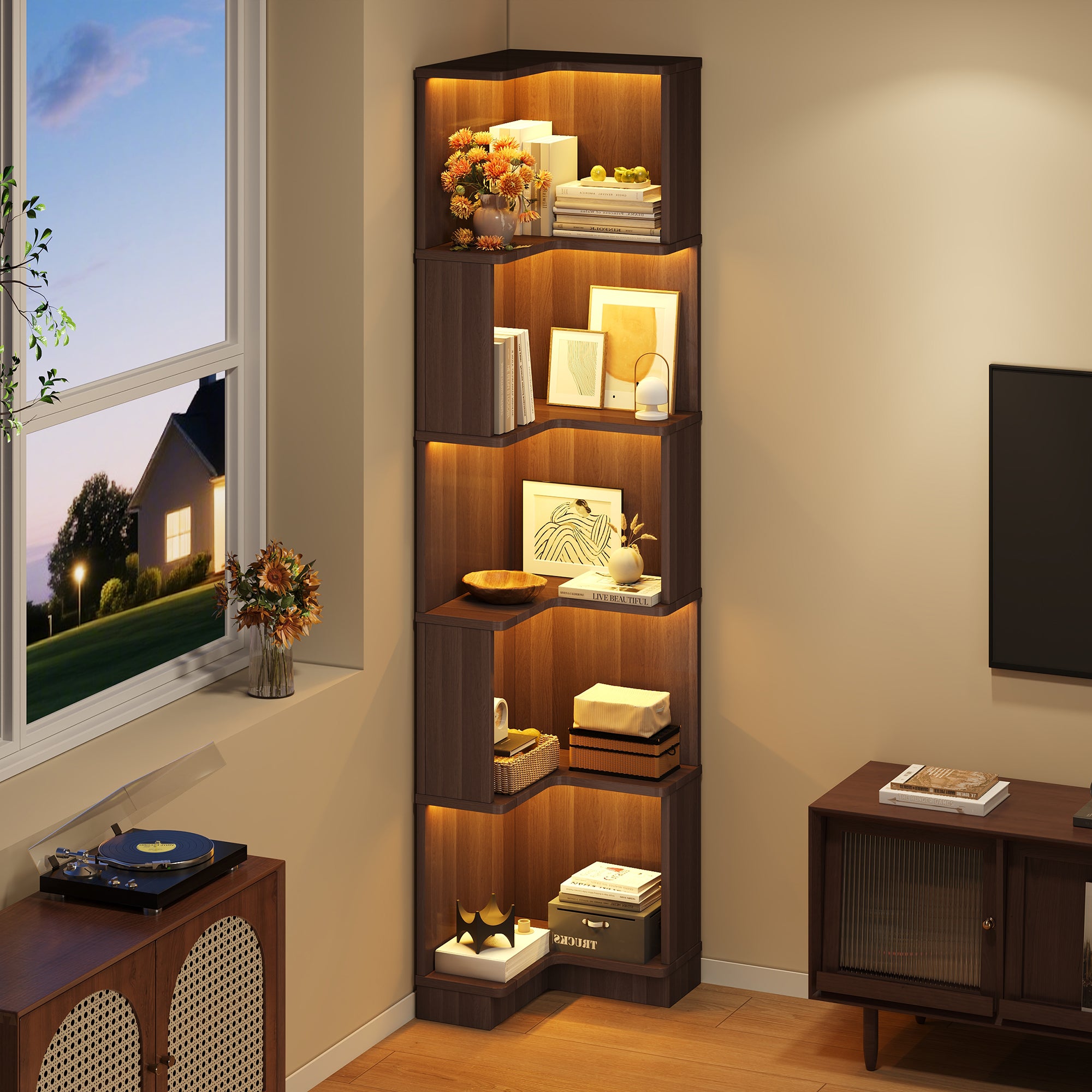 Regał narożny 63,5 x 45 x 175 cm - W kształcie litery L - Oświetlenie LED - 5 poziomów przechowywania - Płyta MDF - Kolor brązowy