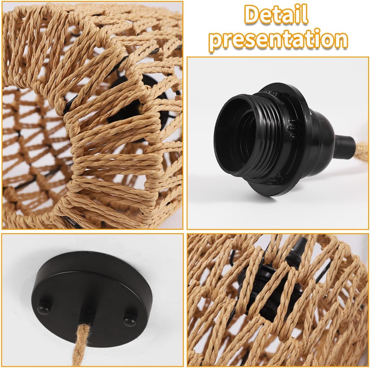 GOECO Lustre en Bambou Tressé - Forme Cylindrique 17.5x21cm, Douille E27, Sans Ampoule, Câble de Suspension 150cm - 6