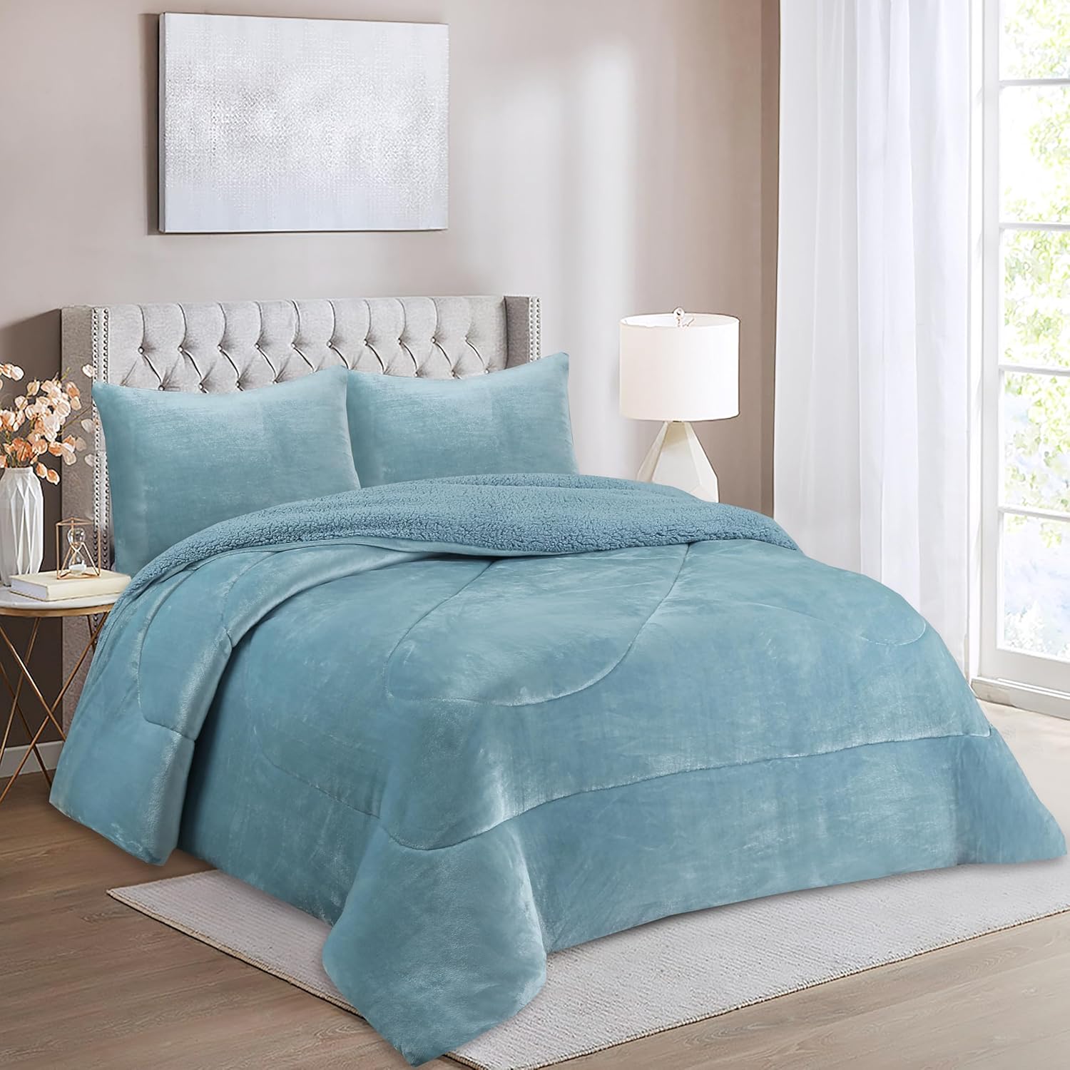 Haradeco manta sherpa para cama con fundas almohada, edredón borreguito terciopelo gruesa abriga(liso azul turquesa, 240x260cm)