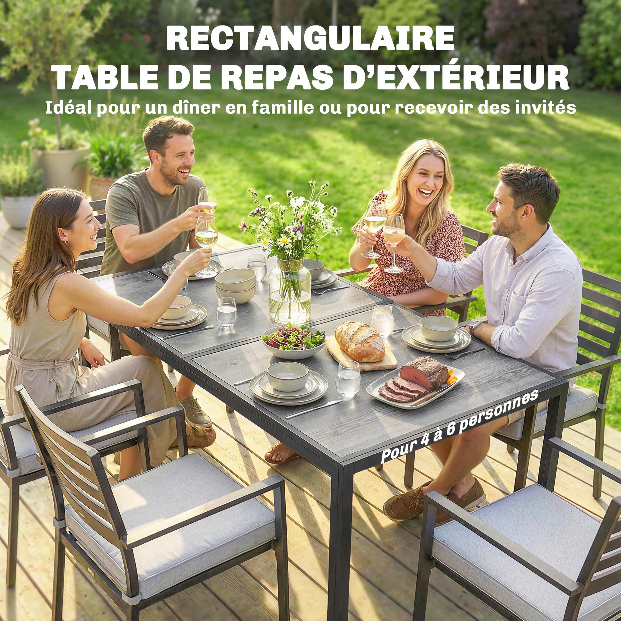 Table de jardin pour 4 à 6 personnes, table de repas d'extérieur avec plateau effet bois, 150 x 80 x 74 cm, grise - 6
