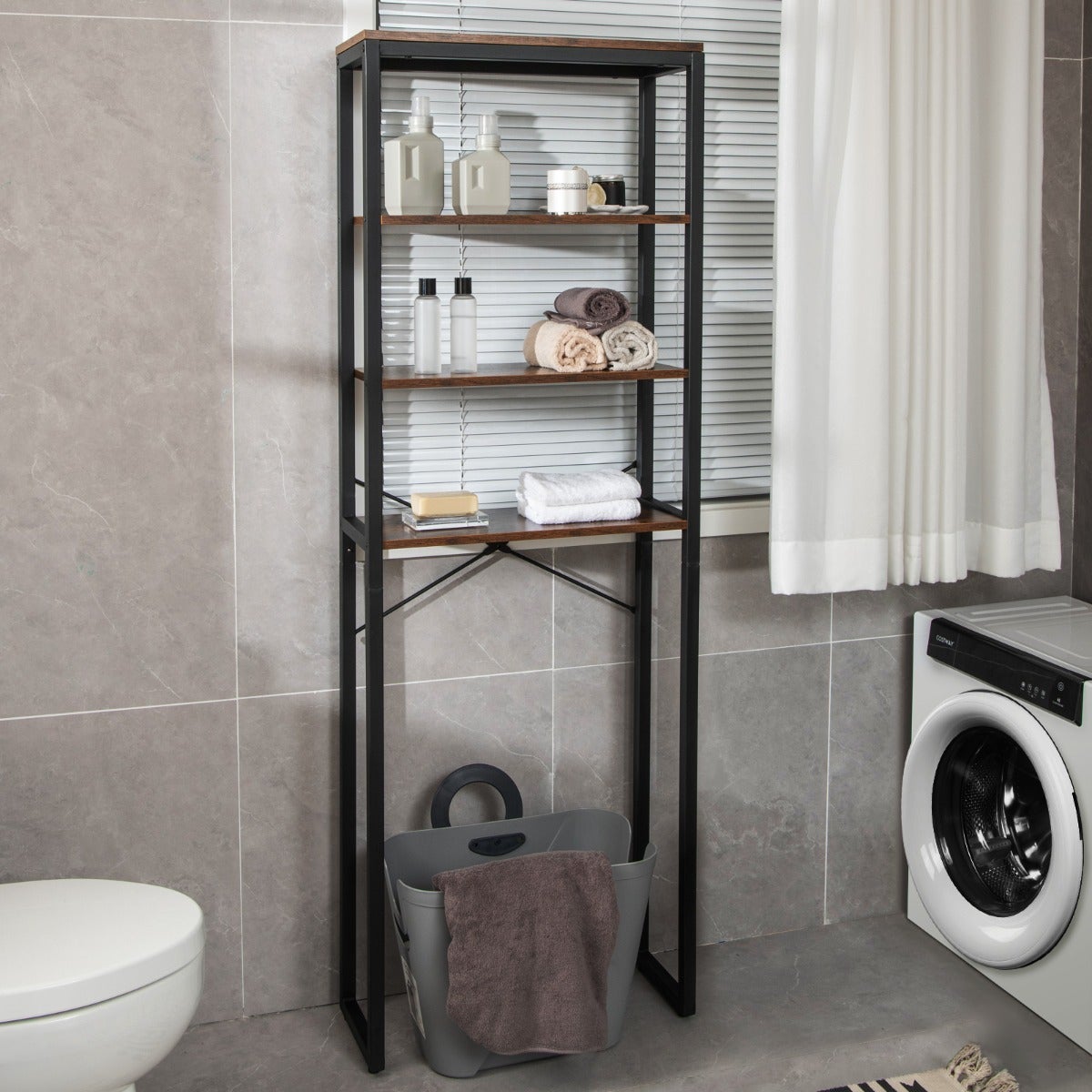 Estante wc 4 baldas estructura metálica pies ajustables madera rústica 177cm