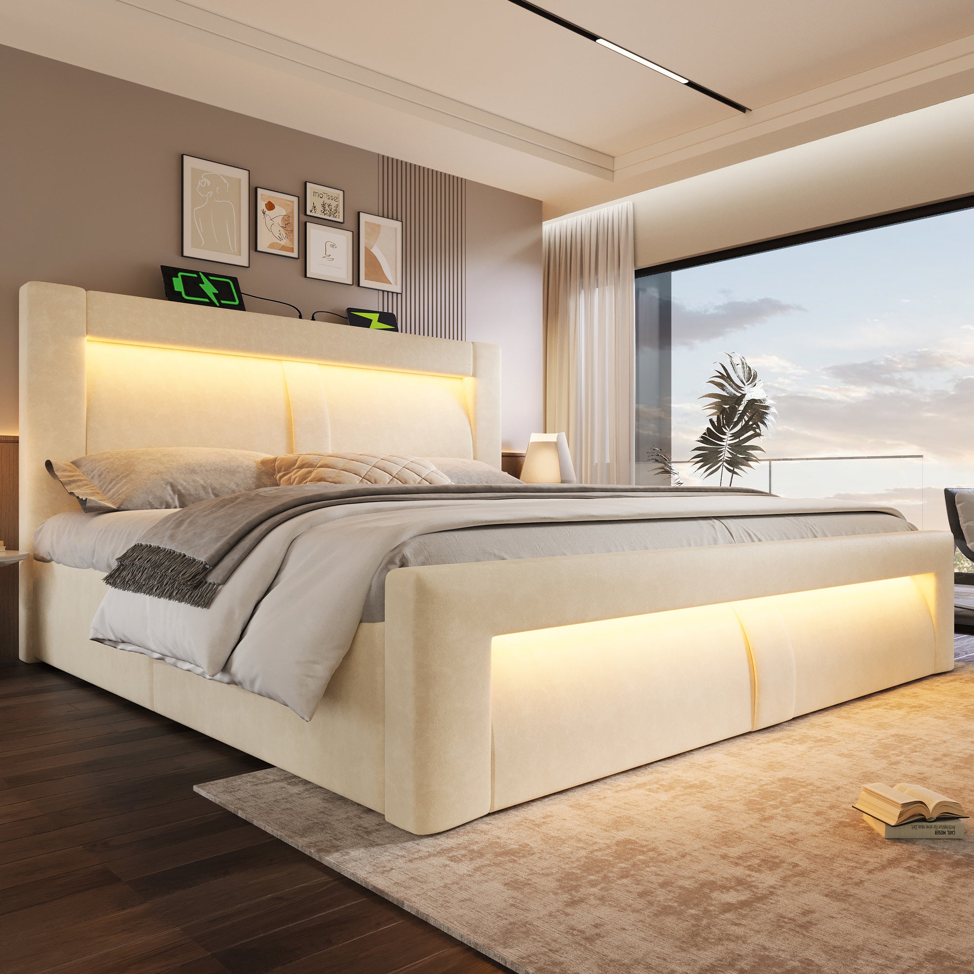 Łóżko tapicerowane ze schowkiem 180x200cm - z oświetleniem LED - z portami USB i Type-C - welur - Beżowy​ (bez materaca)