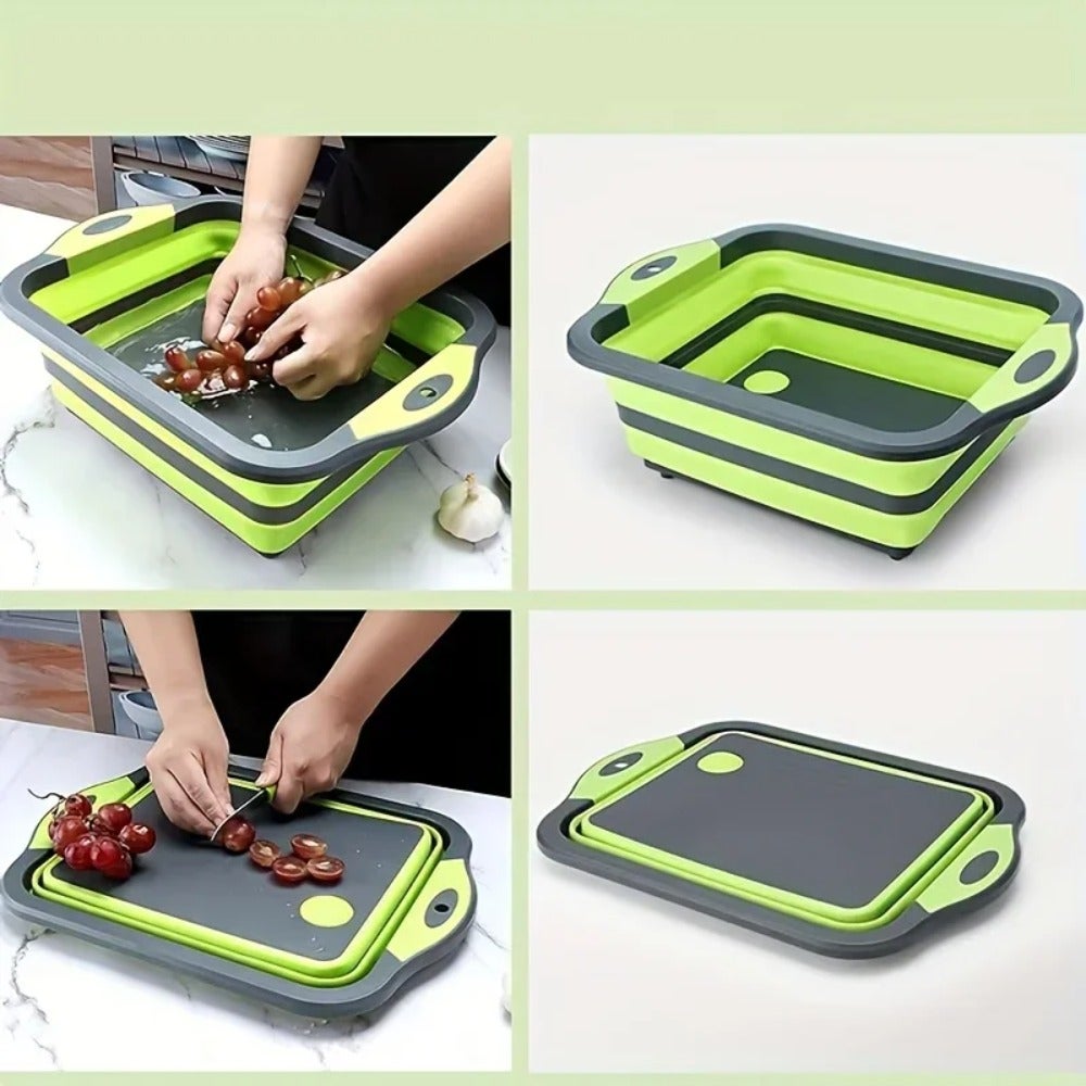 Planche à Découper Pliable 3 En 1 Gris - Panier Drainage Multifonction Avec Bouchon Pour Cuisine, Camping Et Rangement