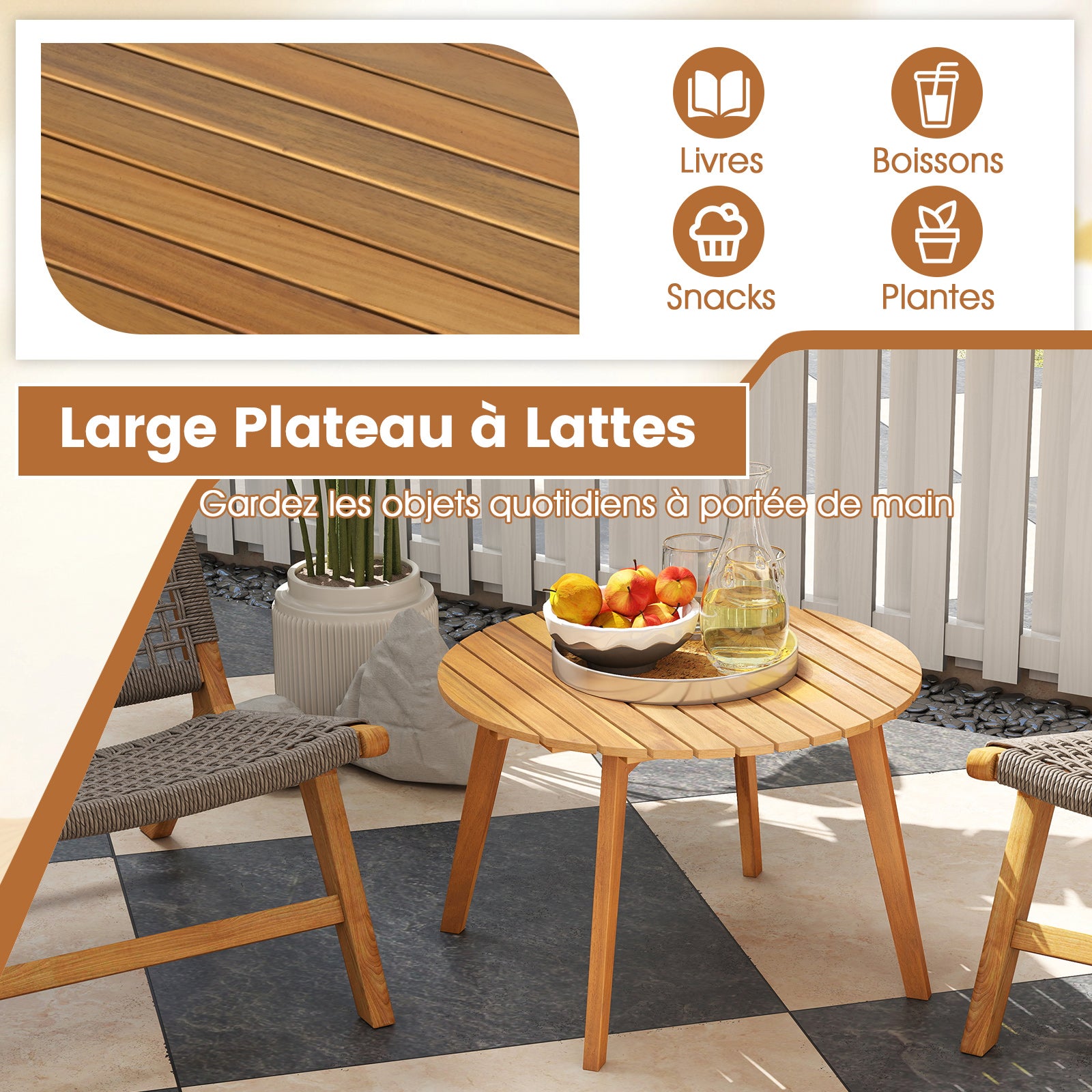 Table Basse Jardin en Bois d'Acacia, Table d'Appoint Ronde avec Plateau à Lattes&Structure Renforcée X, Montage Simple, Charge 75kg, 62x62x40cm - 6