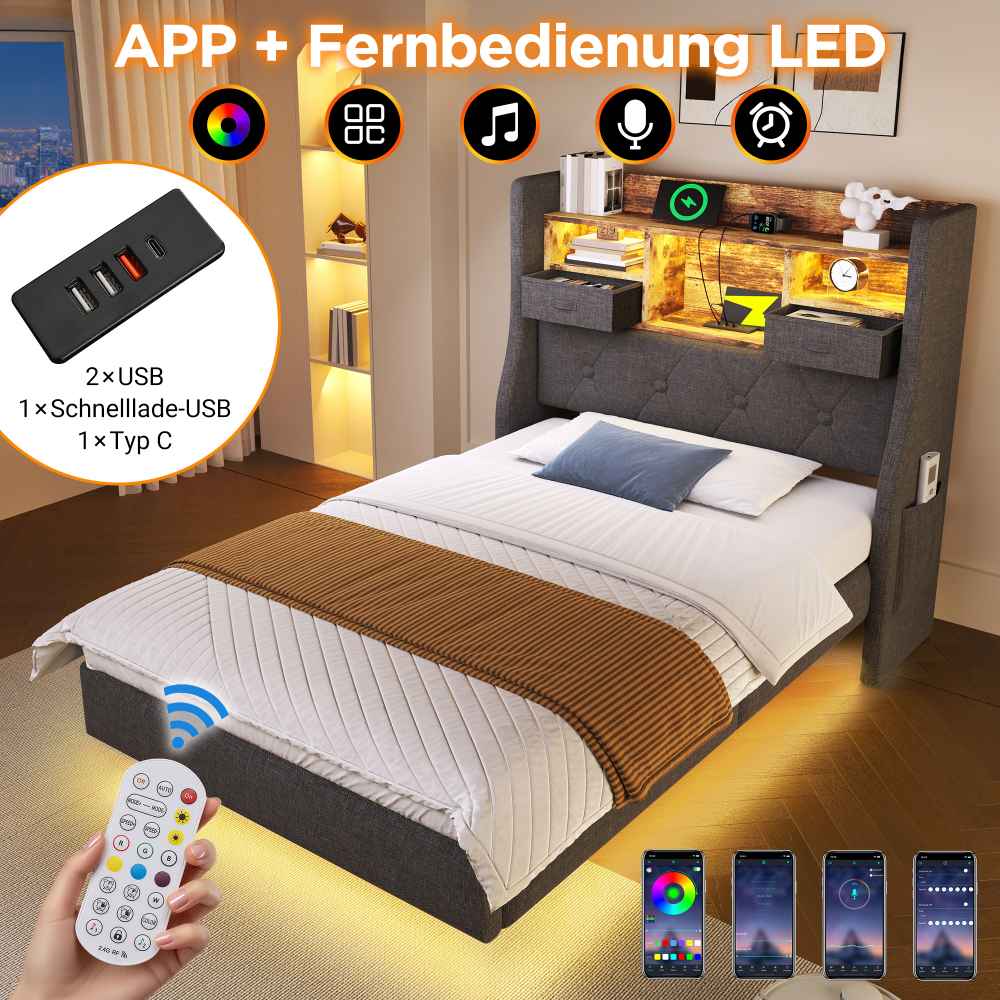 Łóżko pływające 90x200 cm z oświetleniem LED, lnianym zagłówkiem, schowkiem i portami USB/Typ-C