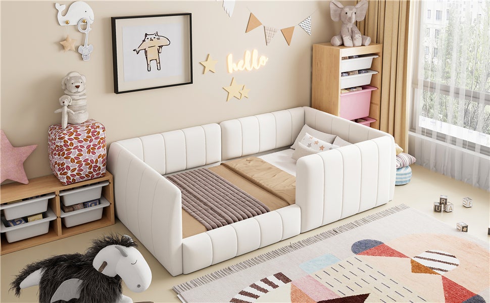 Łóżko tapicerowane 90 x 200 cm z wyściełanym zagłówkiem - rama MDF i tkanina lniana - 12 listew - beżowe - 9