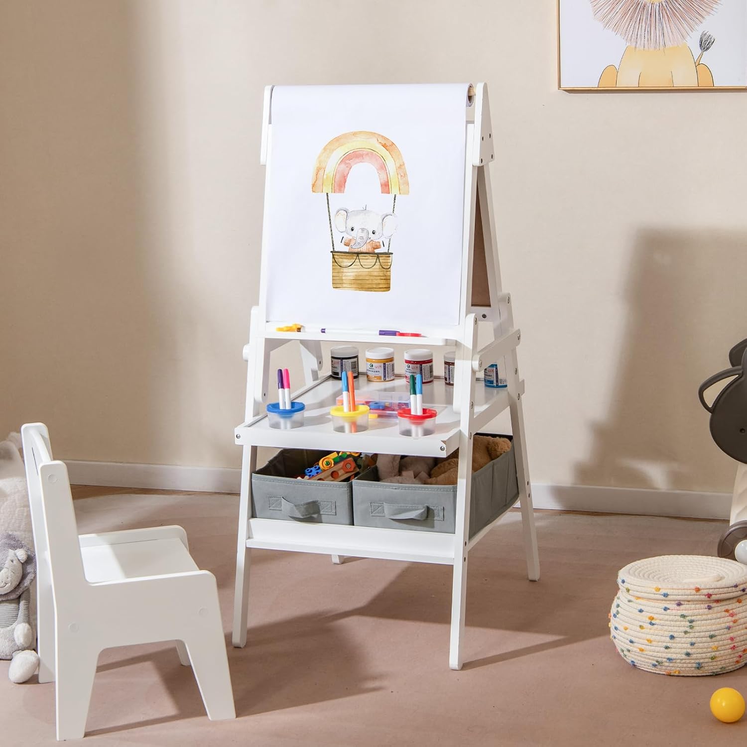 3 en 1 Chevalet d'Art Enfant avec Tableau Noir & Blanc Magnétique, Tableau Enfant Double Face avec Rouleau de Papier & 2 Bacs en Tissu (Blanc) - 8
