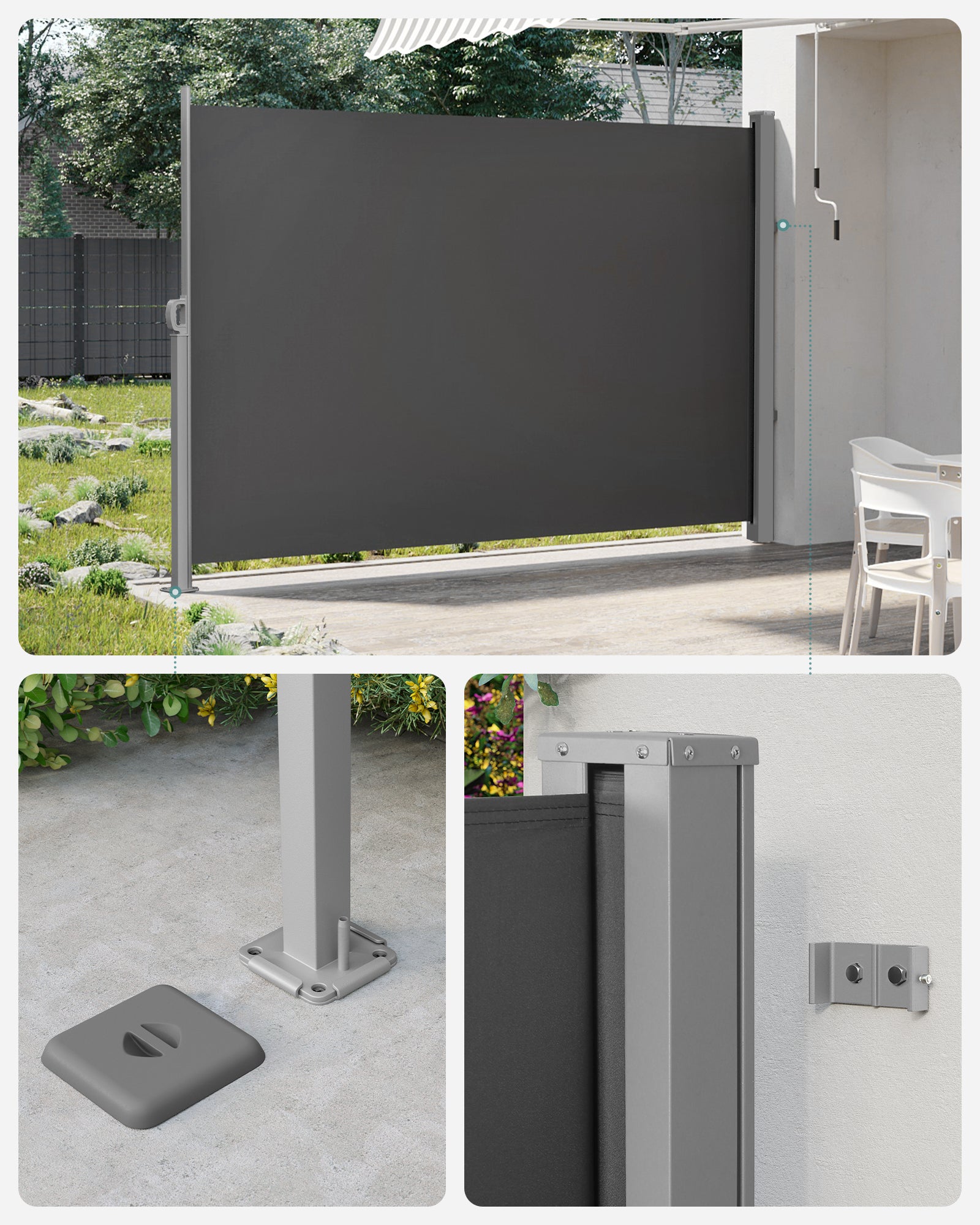 Paravent extérieur 200 x 400 cm (H x L), Store latéral Brise-vue Paravent retractable - Gris Anthracite - 3