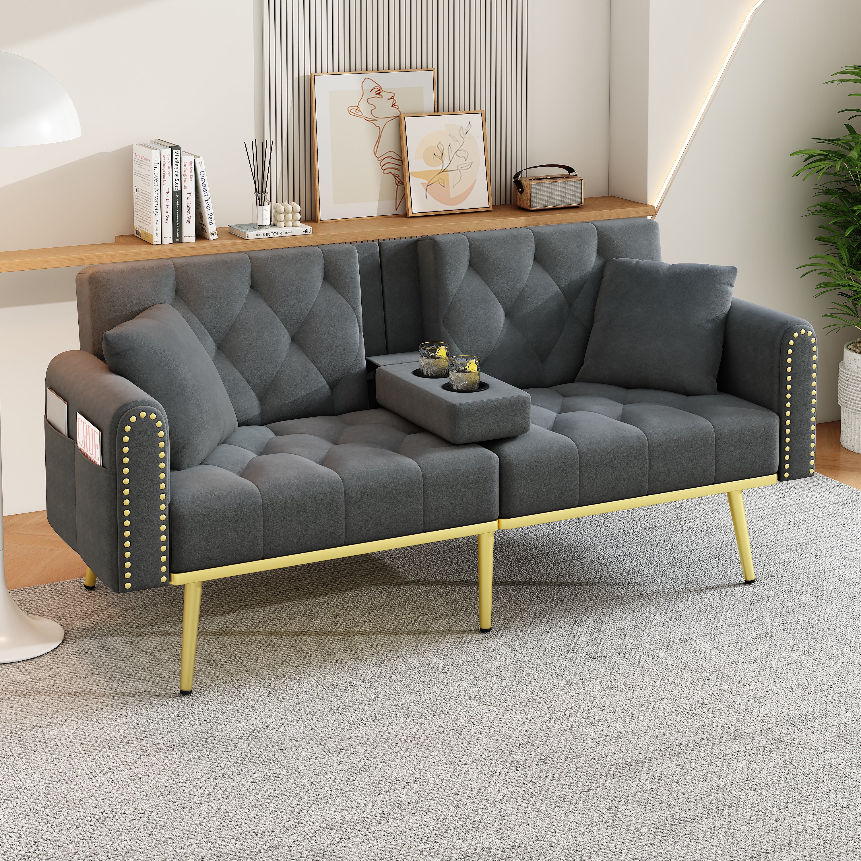 Sofa rozkładana 2-osobowa z aksamitu - 3-stopniowa regulacja oparcia - 175 x 80 x 73,5 cm - Złote metalowe nogi - Szary