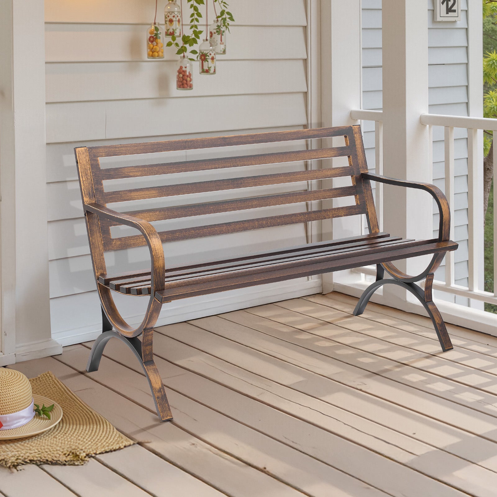 Banc jardin,VEVOR 127 cm,en acier carbone avec dossier lattes,accoudoirs bords arrondis,résistant intempéries pour terrasse,parc,bronze antique - 8