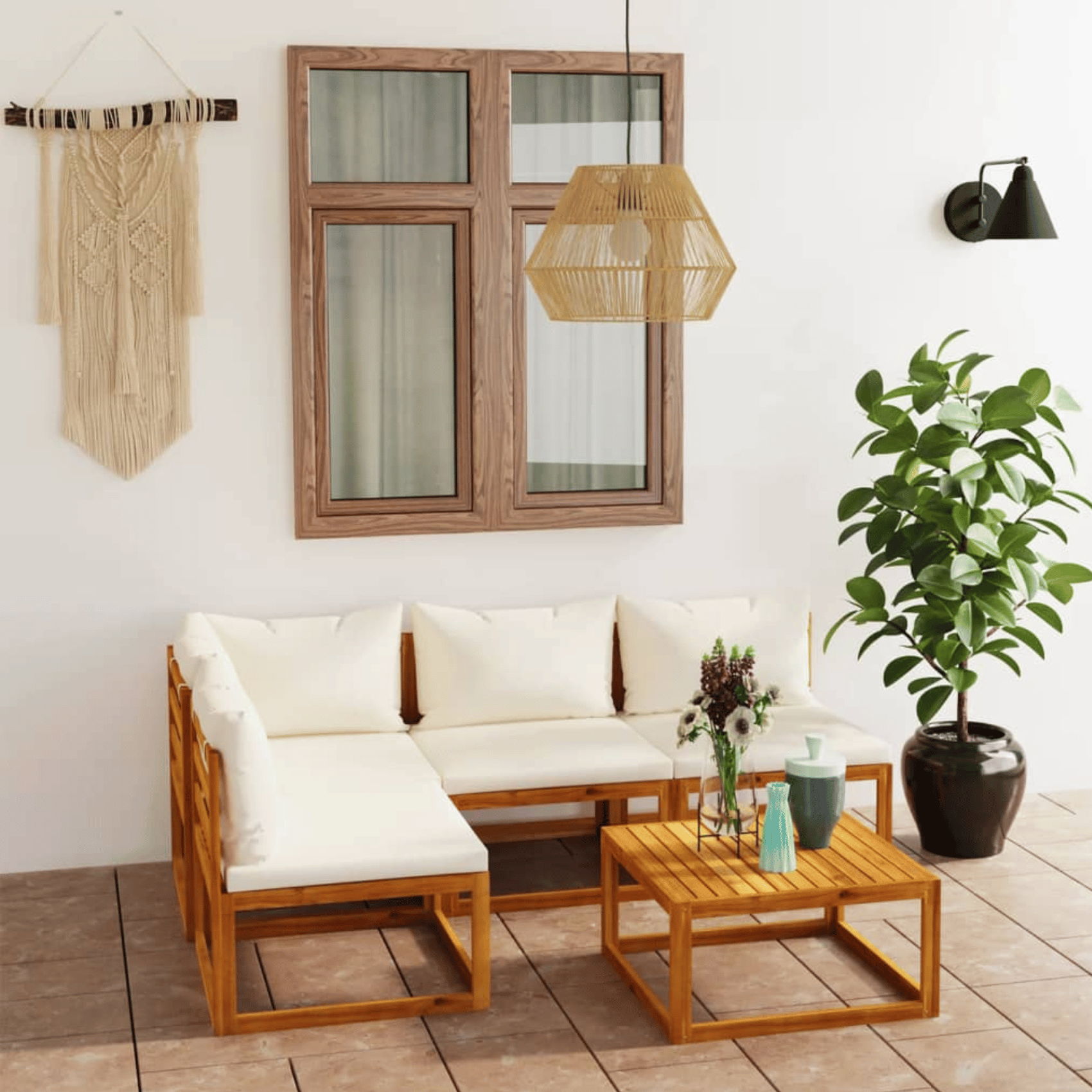 Salon de jardin extérieur 5 pièces - Beige - 60x200cm - Bois - 3