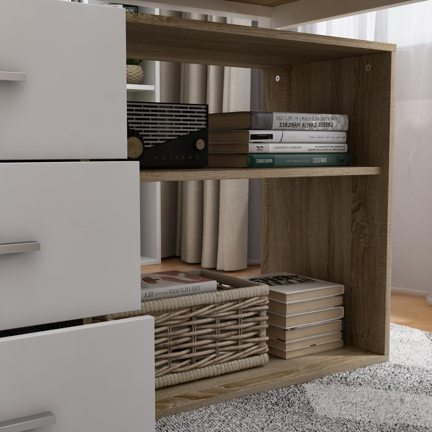 Bureau d'angle en forme de L Bureau informatique 2 étagères pieds en acier Bois&Blanc 130x57x75cm - 2