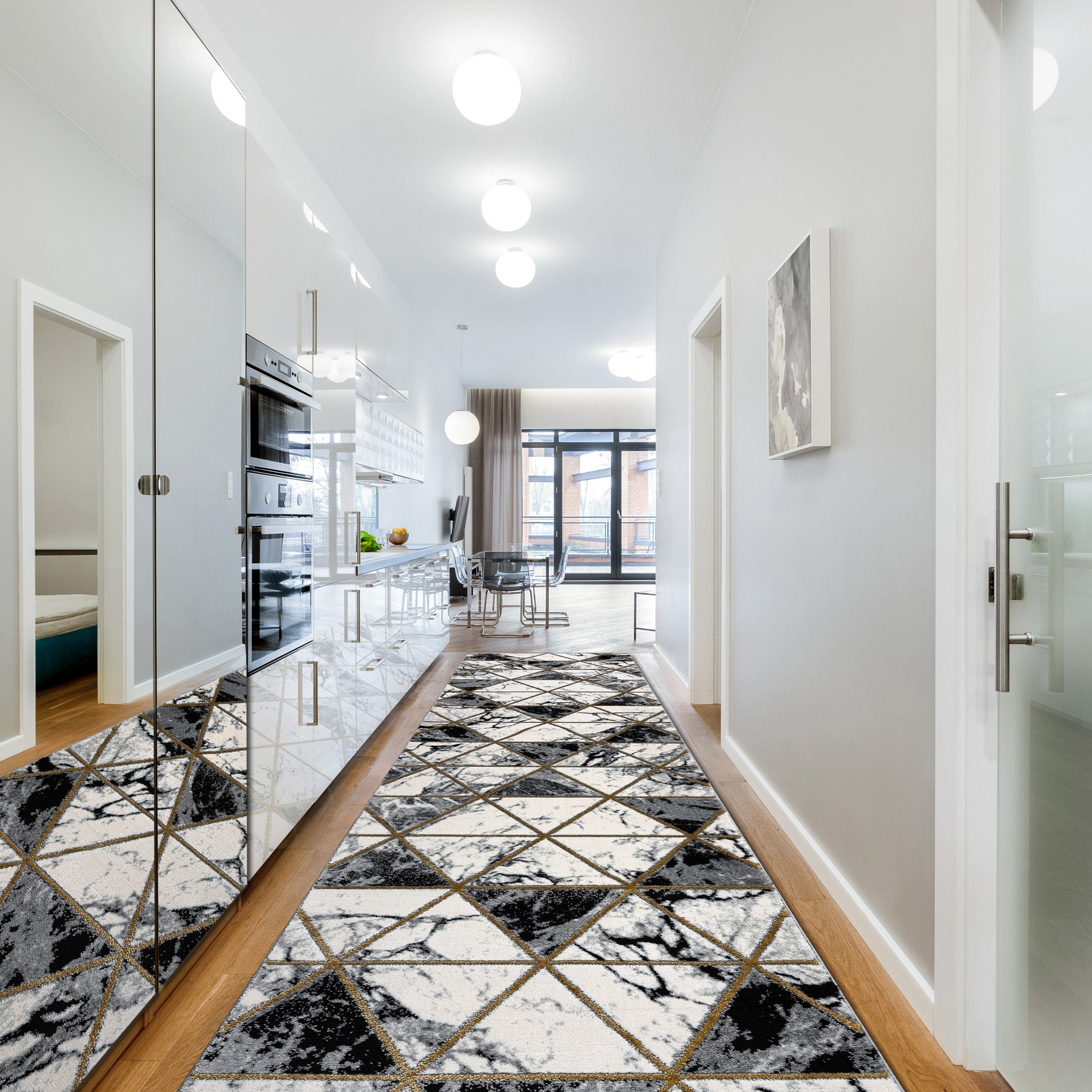 Passatoia EMERALD esclusivo 1020 glamour, elegante Marmo, triangoli nero / oro 100 cm 100x600 cm - 4