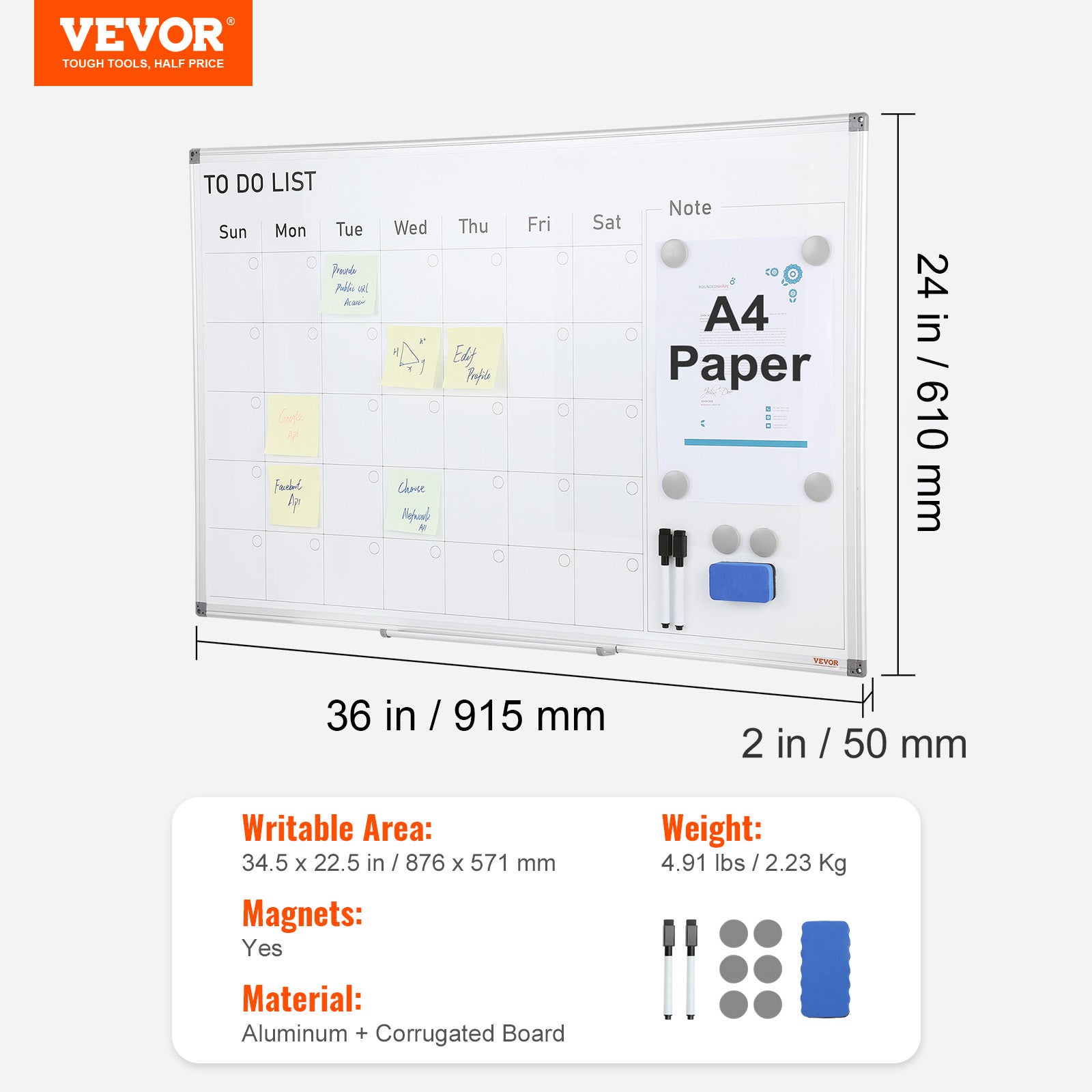 Tableau Blanc Magnetique et Planning Mensuel VEVOR 2-en-1 Calendrier Effacable a Sec Mural 91,5x61 cm Cadre en Alu avec 2 Marqueurs 1 Effaceur 6 Aiman - 7