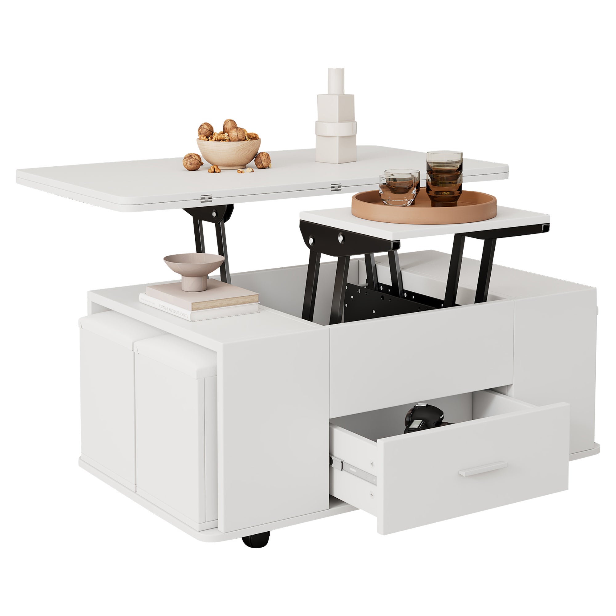 Table basse avec plateau relevable, 1 tiroir et 4 tabourets - 100 x 50 x 45 cm - Panneau de particules - Blanc - 7