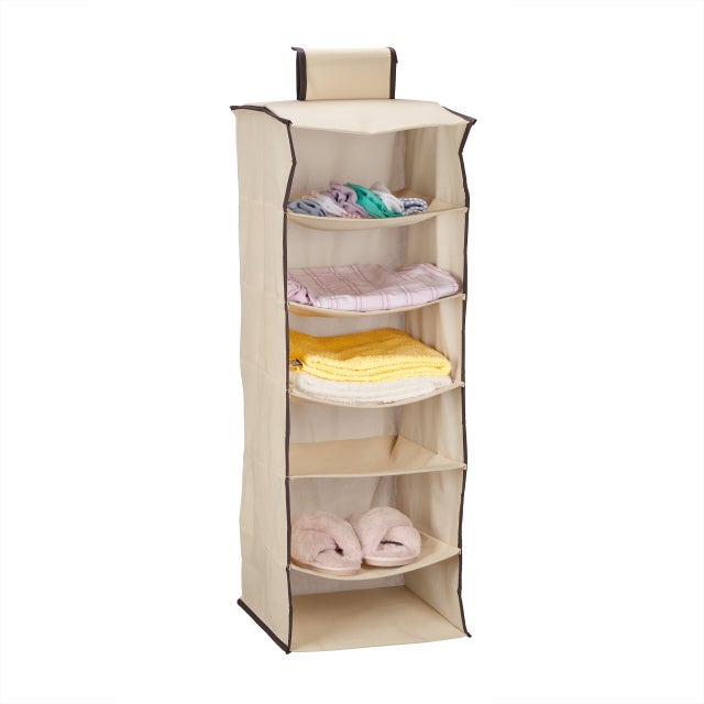 cabide roupeiro, 6 compartimentos, tecido, A x L x P: 96 x 32 x 31 cm, organizador de roupa pendurada, bege, Relaxdays