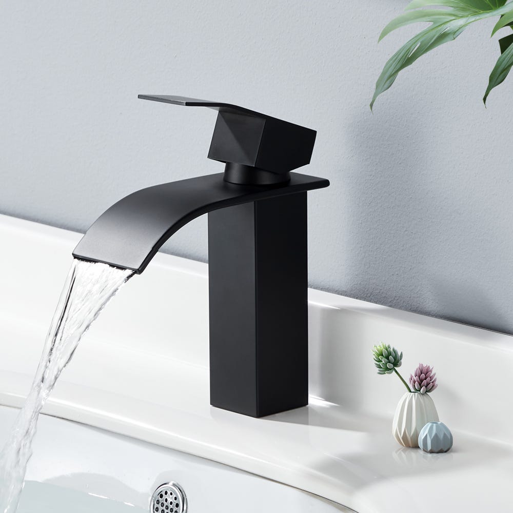 Rubinetto Lavabo Bagno FORIOUS - Nero, Beccuccio A Cascata, Monocomando, Altezza 110 Mm - Foto 10
