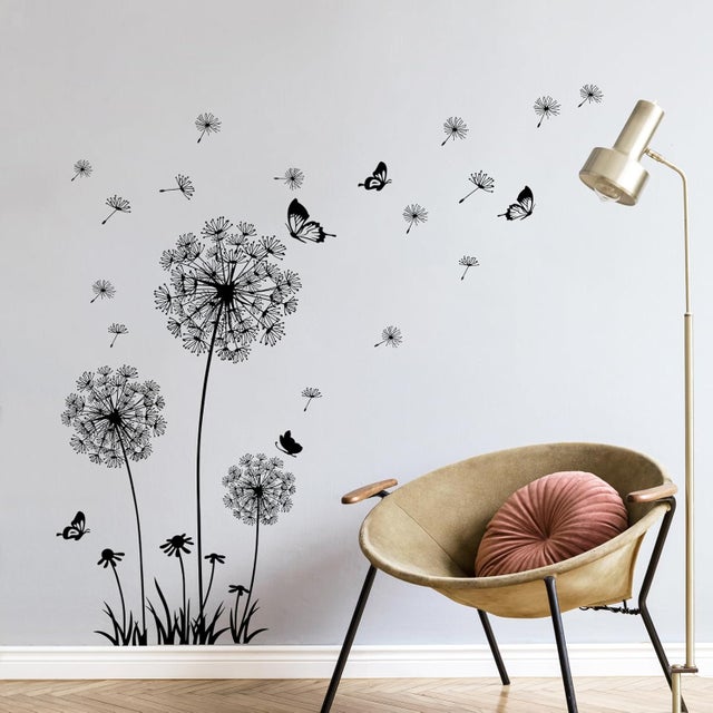 Pegatinas de pared de diente de león, vinilos decorativos de flores negras, mariposas removibles, pegatinas de pared para salas de estar, dormitorios