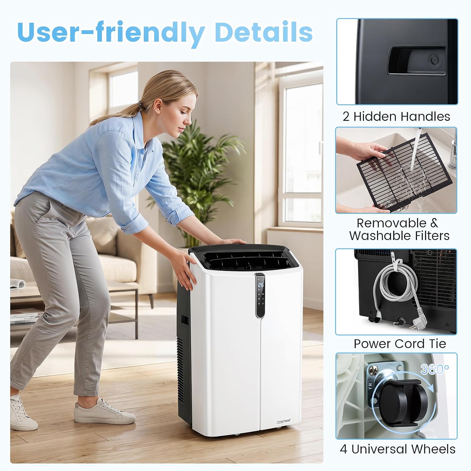 Climatiseur Mobile Silencieux 12000 BTU, 5 en 1 Climatiseur Portable, Refroidissement, Déshumidification, Ventilation, Mode Sommeil, 46,5m² - 7