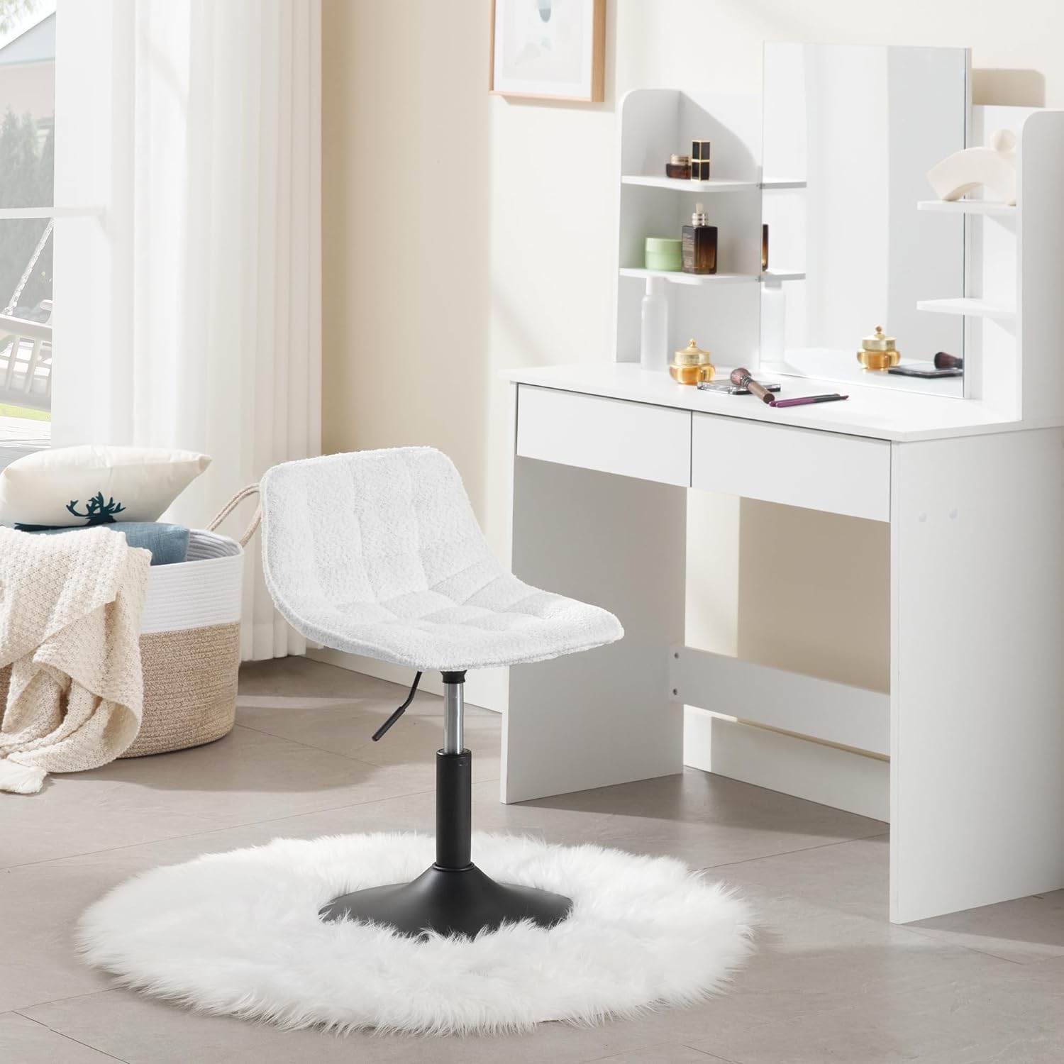 Tabouret de Maquillage WOLTU en Chenille + Métal, Tabouret de Cuisine, Chaise de Coiffeuse, Chaise de Salle à Manger Pivotante, Blanc - 2