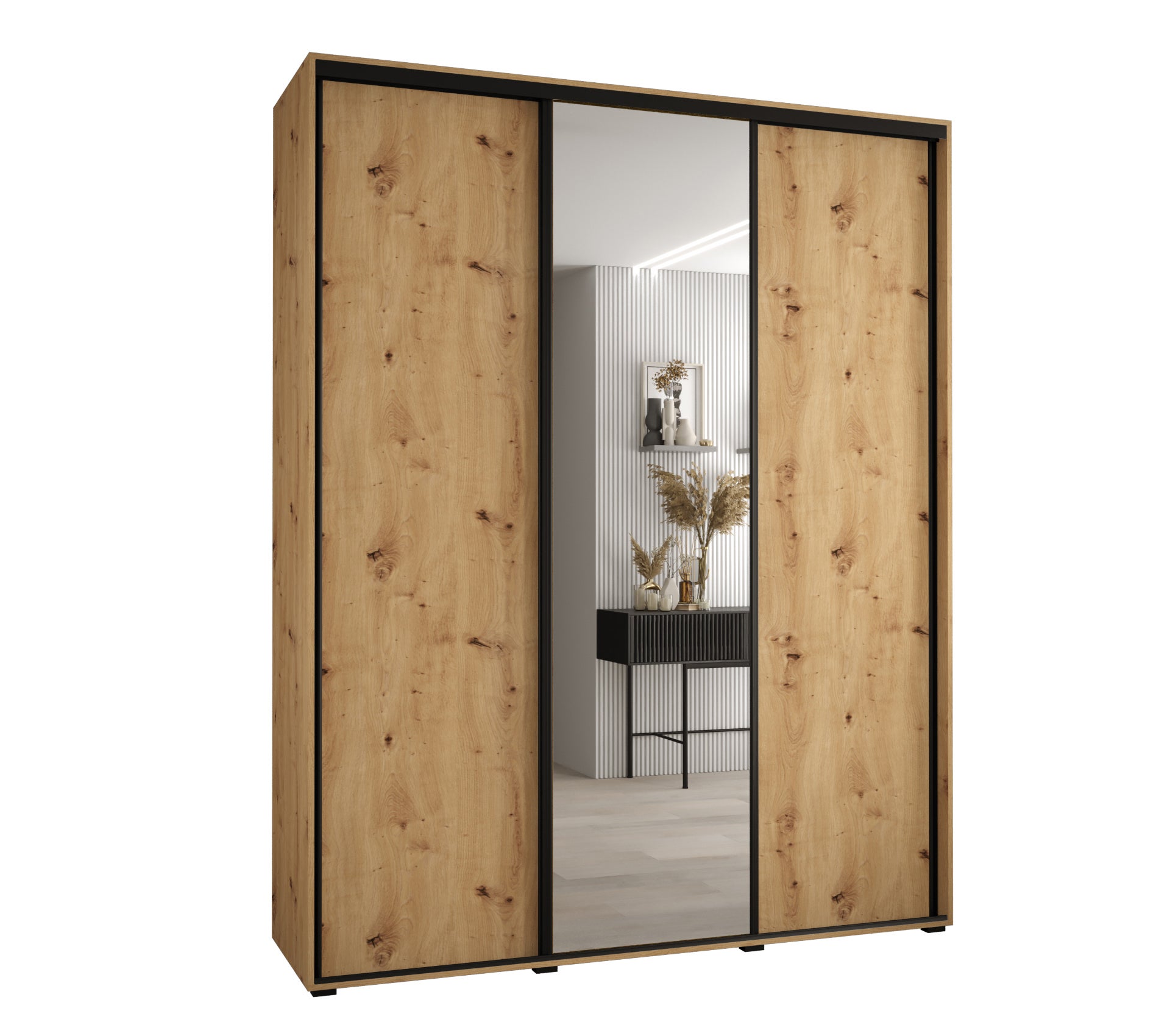 Szafa przesuwna z lustrem wysoka Davos 3 200 x 60 x 235,2 cm artisan + artisan + u. czarny - Abiks Meble