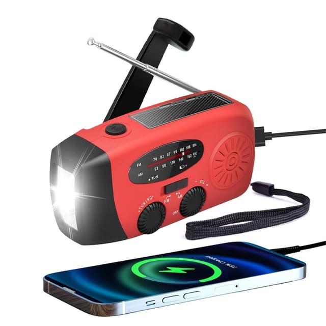 Radio d'urgence solaire FM/AM/WB avec lampe torche et batterie externe. Mini radio d'urgence, lampe torche ultra-lumineuse. Rouge.