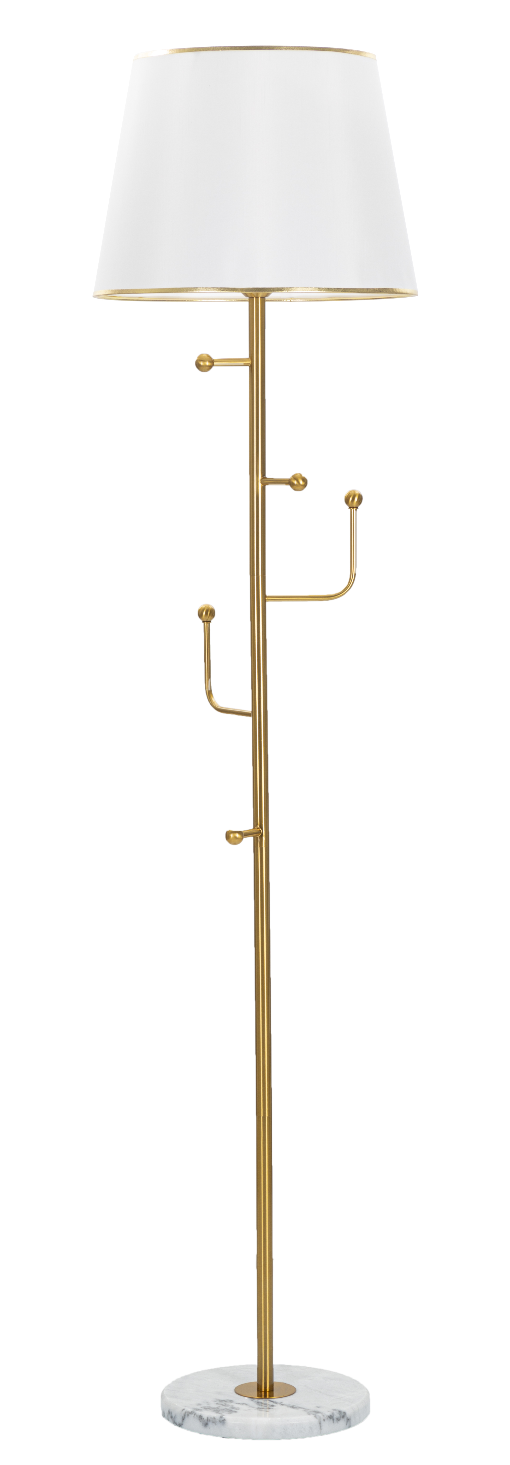 Lampa stojąca HANGER, złoto-biała - metal, marmur, 5 haczyków, biały klosz z tkaniny ze złotą obwódką - Ø 41x173 cm, elegancki i praktyczny design.