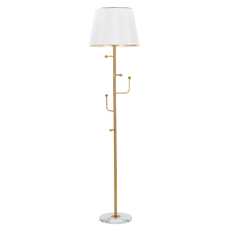 Lampa stojąca HANGER, złoto-biała - metal, marmur, 5 haczyków, biały klosz z tkaniny ze złotą obwódką - Ø 41x173 cm, elegancki i praktyczny design.