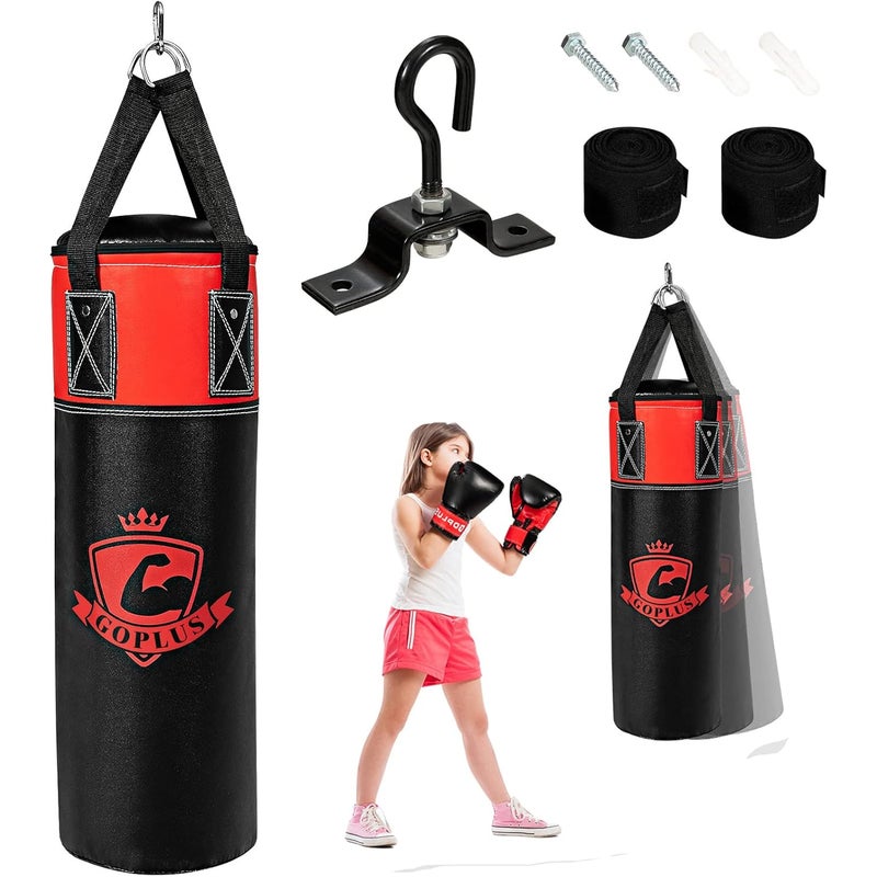 Worek Treningowy dla Dzieci z Rękawicami Bokserskimi, Worek Bokserski Wypełniony Piaskiem i Tkaniną, dla Dzieci Powyżej 5 Roku Życia, Czarny
