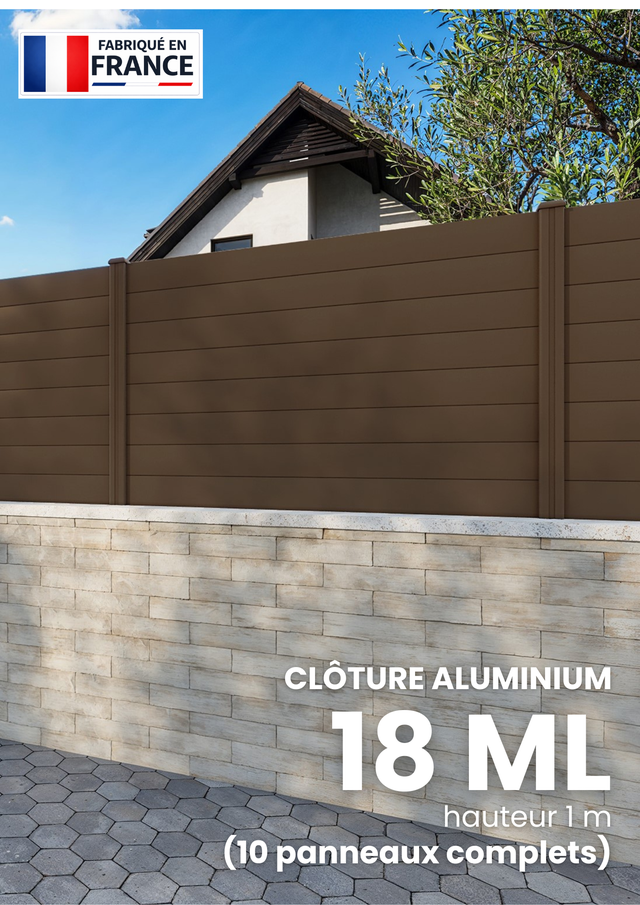 Kit complet clôture aluminium - 10 panneaux complets - 18 x 1 m - Prêt à poser - Marron