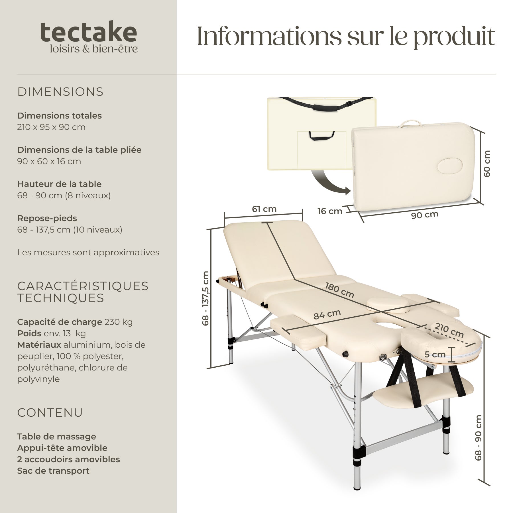 Table de massage en bois, pliante, rembourrage épais, appui-tête amovible, 180 x 61 x 90 cm, beige TECTAKE - 6