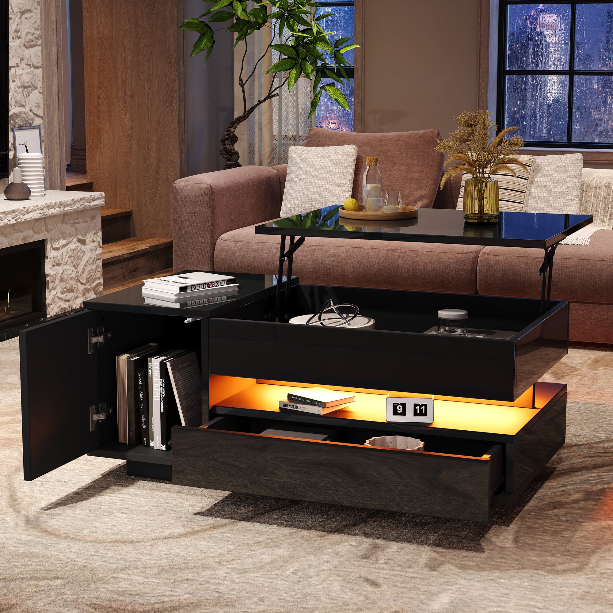 Podnoszony stolik kawowy z 1 drzwiami, 1 szufladą i 1 przegrodą - 95 x 50 x 40 cm - Diody LED - Płyta wiórowa - Czarny połysk