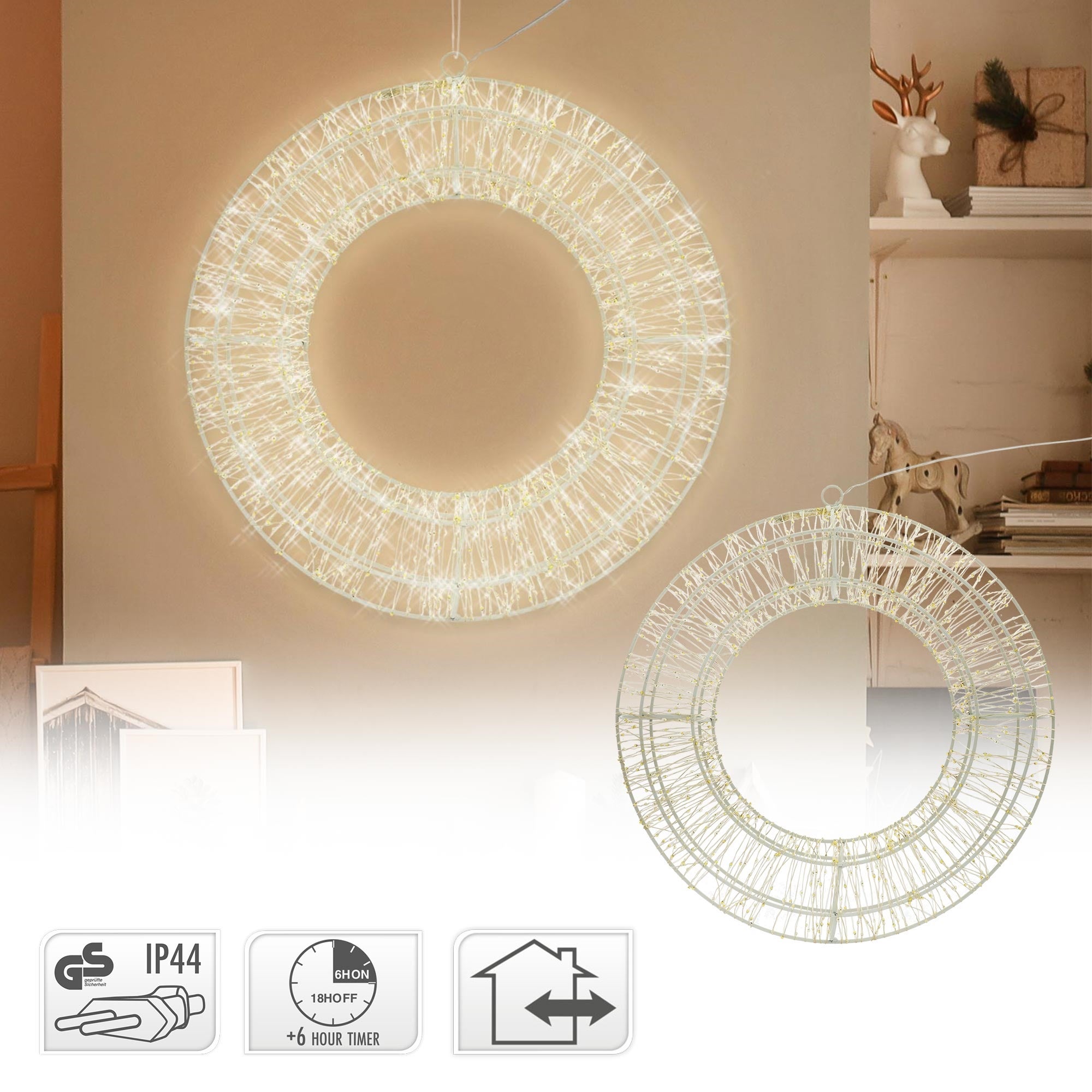 Couronne De Noël - HOMCOM - 50 LED, Minuterie, 146 Pointes, Pommes De Pin Baies Boules Decoratives Plastique 60 Cm Vert 90057919