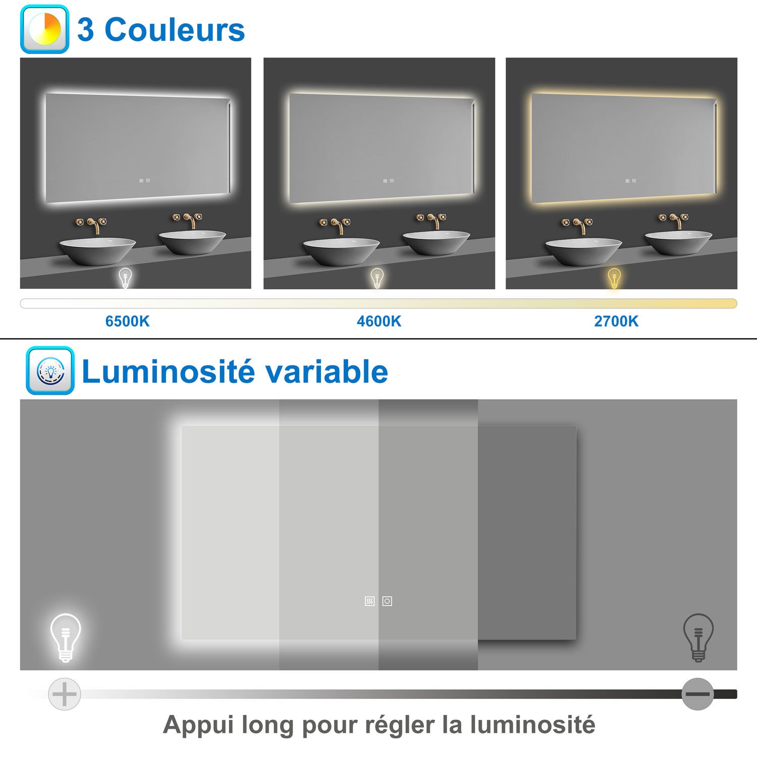 Miroir lumineux 100x60cm avec Anti-buée + 3 Couleurs + Dimmable, Mural Miroir salle de bain - 3