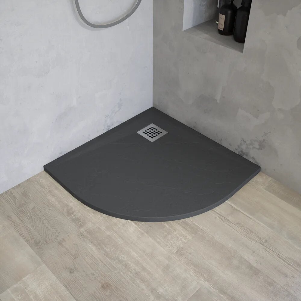 Plato de ducha semicircular de 90 x 90 cm en marmoresina gris antracita con efecto piedra, h3 cm | milos