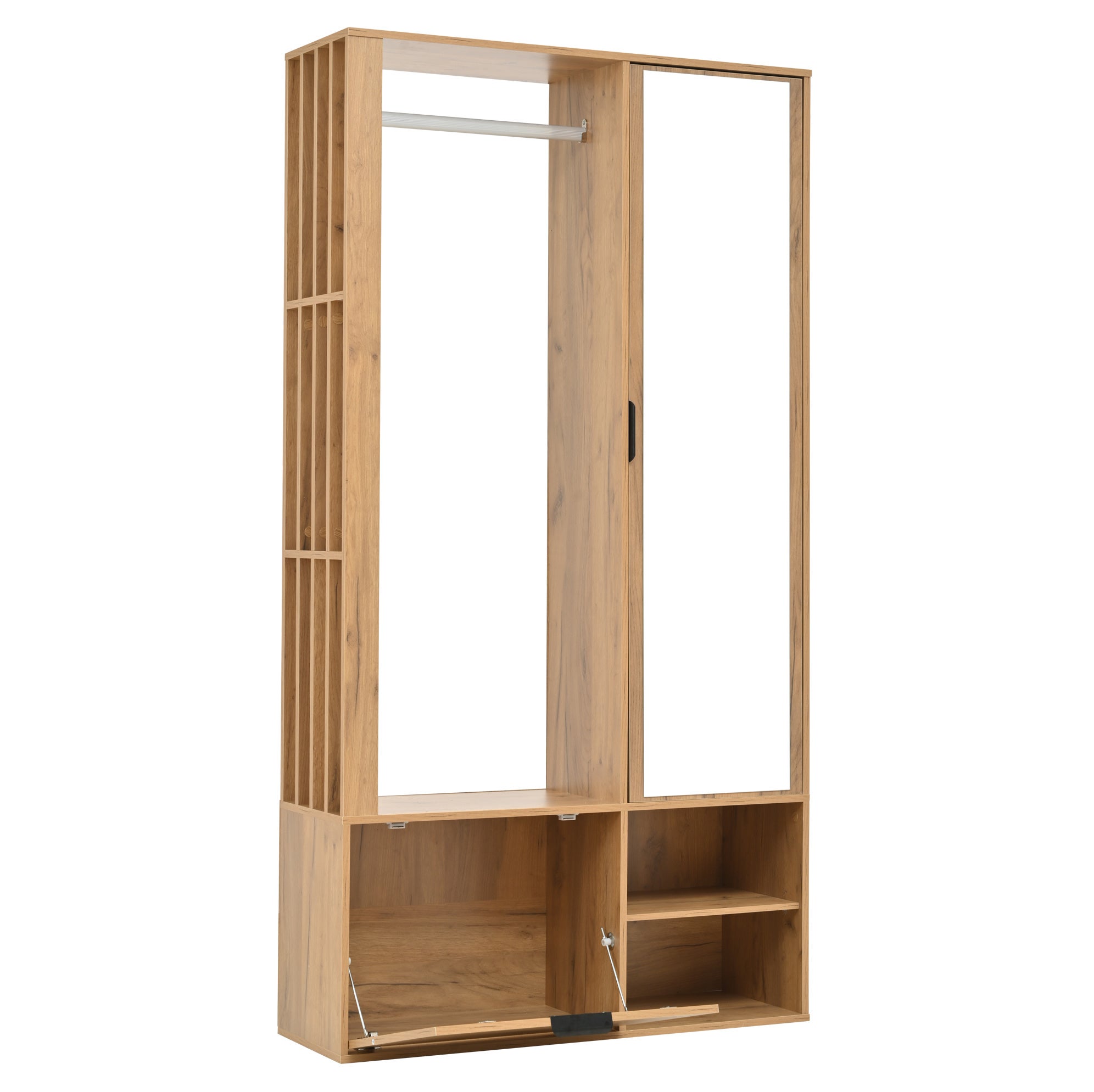 Meuble d'entrée avec 2 Armoires 9 Compartiments Miroir et Penderie ouverte pour Entrée en Panneau Naturel 100 × 33 × 190 cm - 9